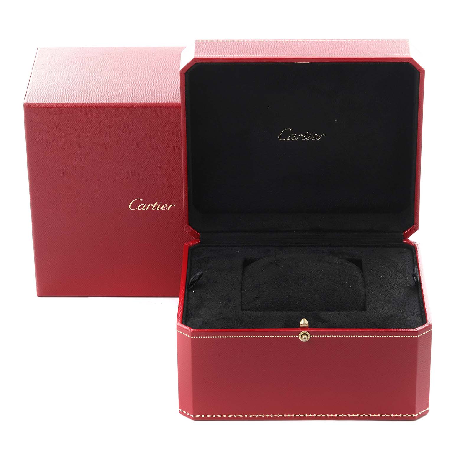 The image shows an open Cartier Ballon Bleu WE9002Z3 Women's Rose Gold Silver Dial WE9002Z3 Women's Rose Gold Silver Dial box, viewed from the front, revealing its black interior and red exterior.