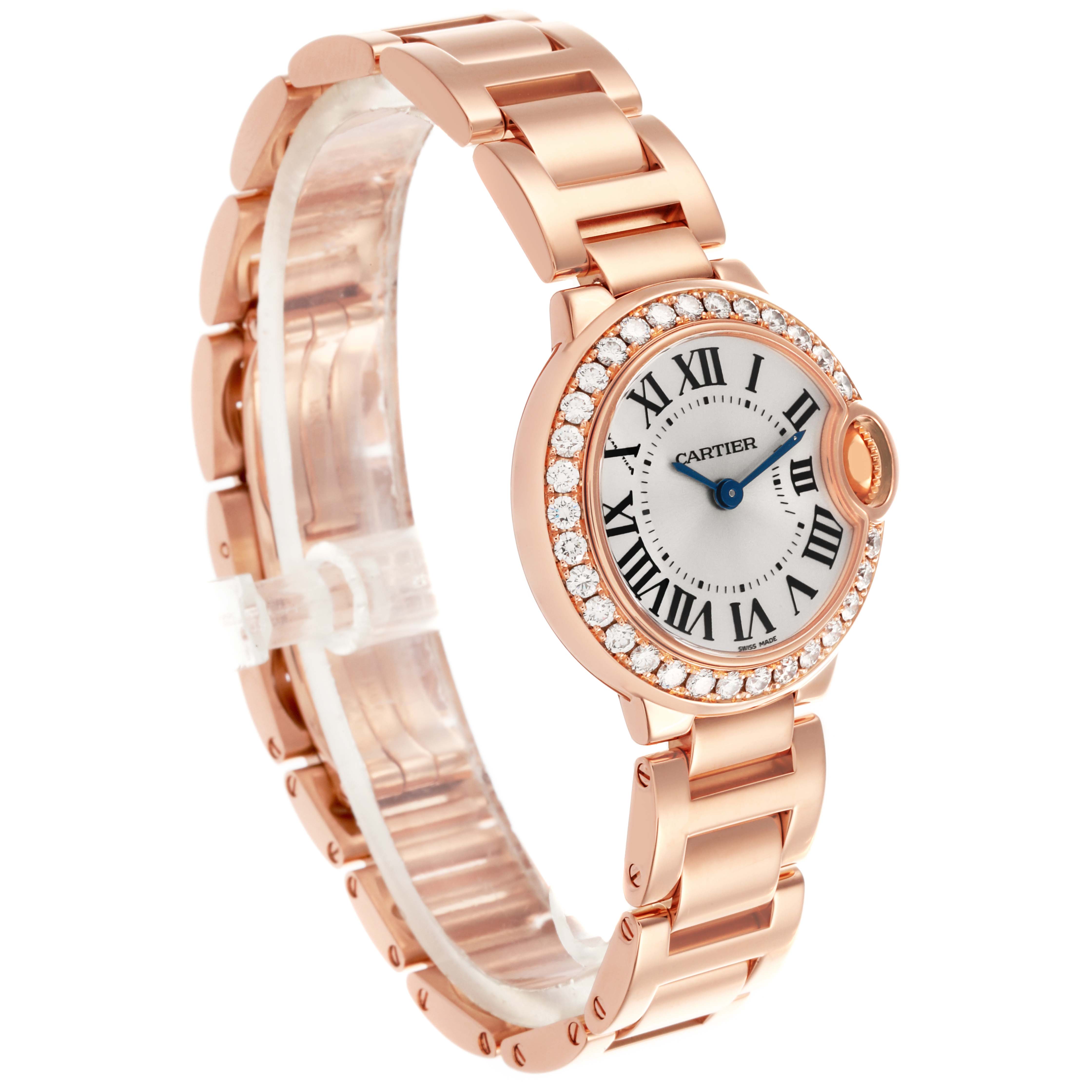 The Cartier Ballon Bleu WE9002Z3 Women's Rose Gold Silver Dial WE9002Z3 Women's Rose Gold Silver Dial watch is pictured at a three-quarter angle, showcasing the face, bracelet, and diamond bezel.