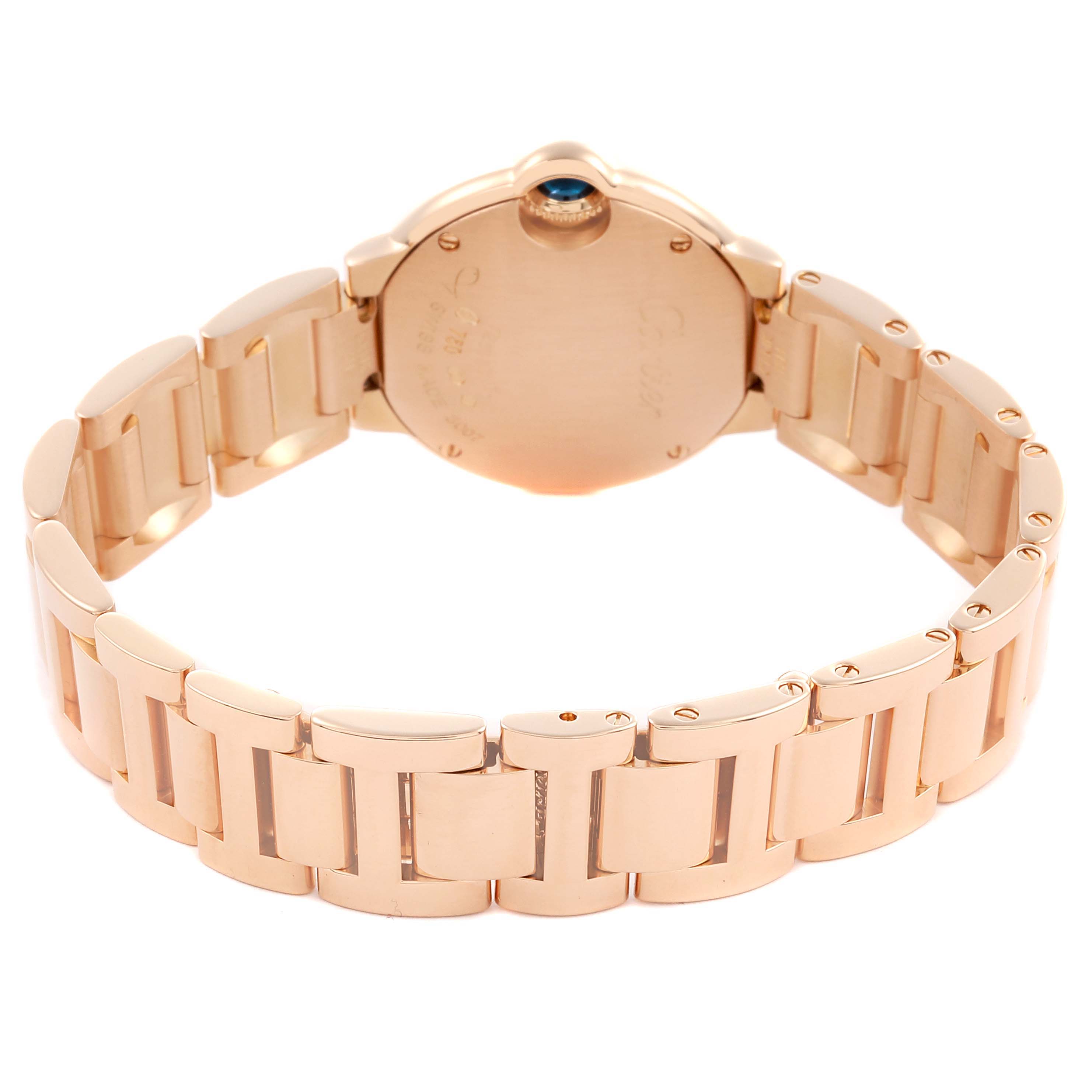 The image shows the back of the Cartier Ballon Bleu WE9002Z3 Women's Rose Gold Silver Dial WE9002Z3 Women's Rose Gold Silver Dial watch and its bracelet from a rear angle.