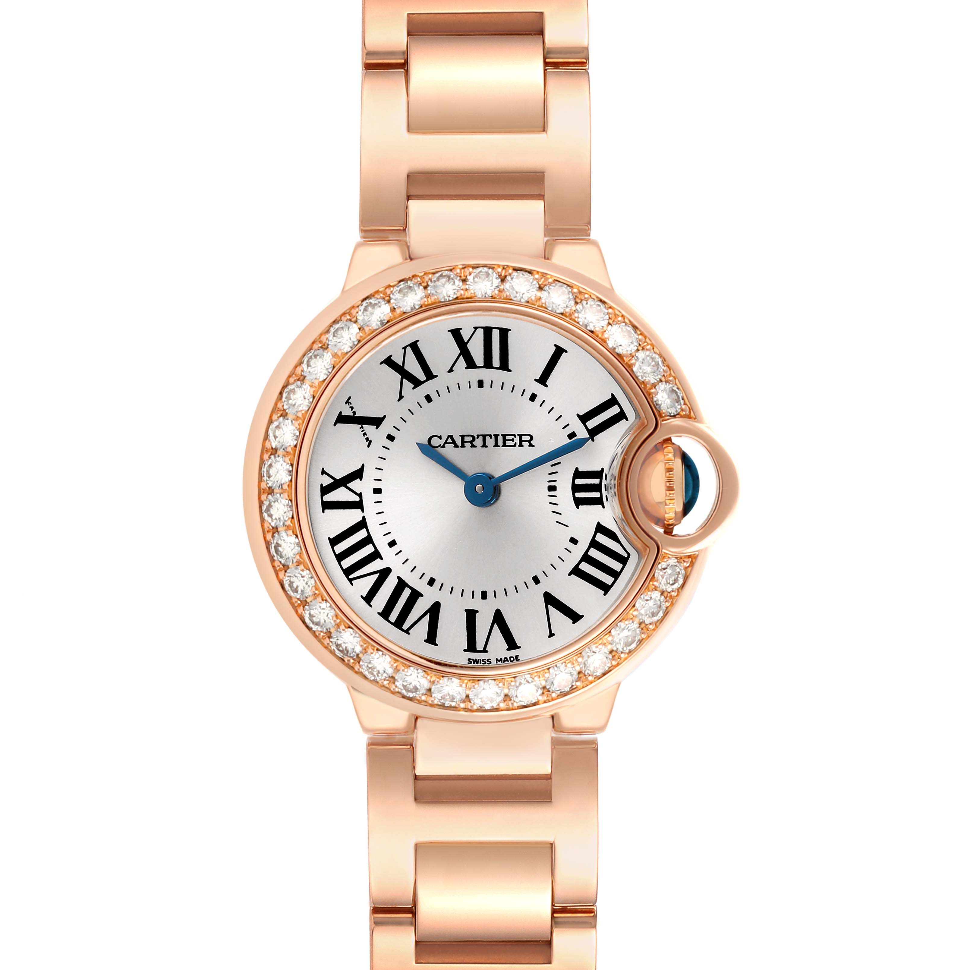 The Cartier Ballon Bleu WE9002Z3 Women's Rose Gold Silver Dial WE9002Z3 Women's Rose Gold Silver Dial watch is shown from the front, highlighting the face, bezel with diamonds, and part of the bracelet.