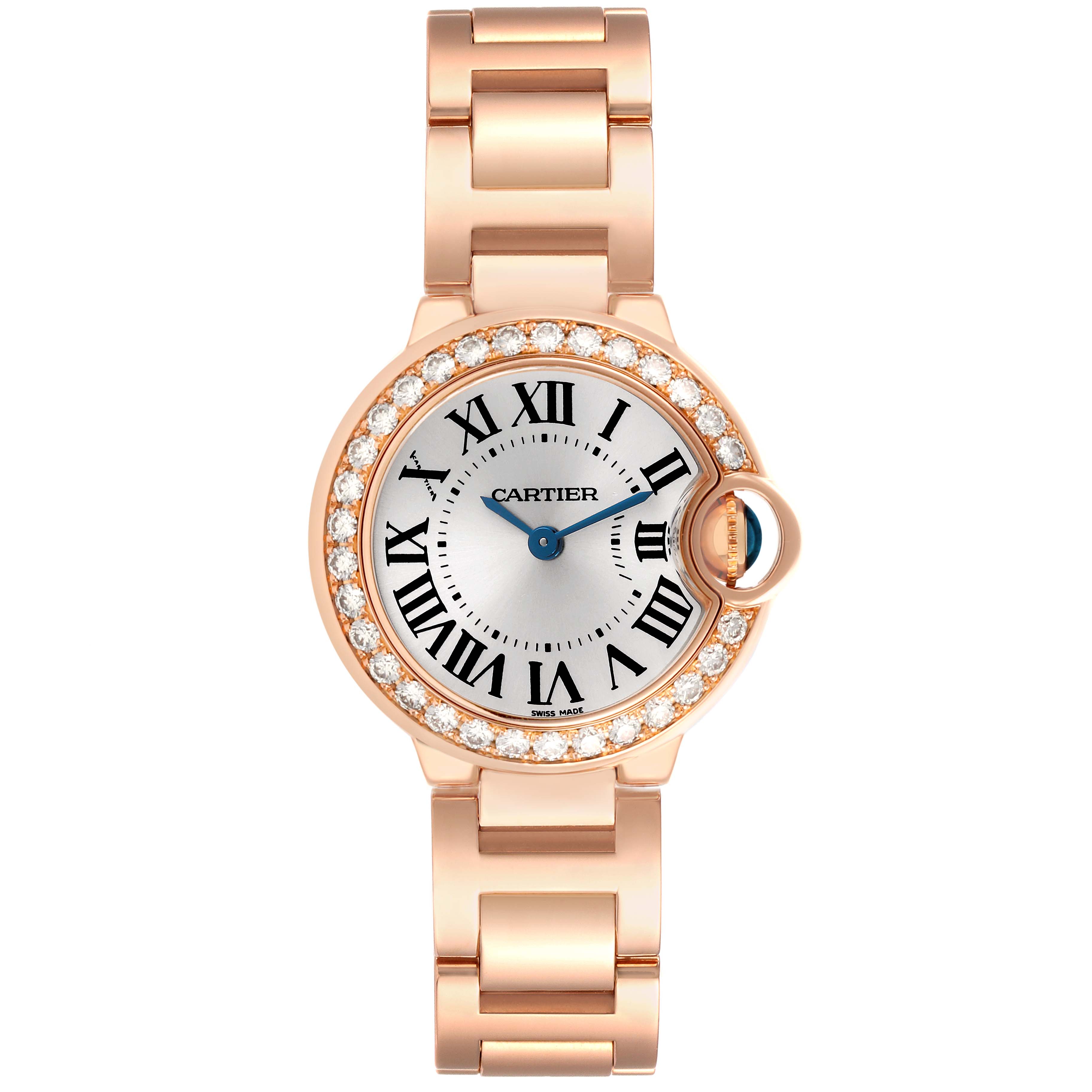 The Cartier Ballon Bleu WE9002Z3 Women's Rose Gold Silver Dial WE9002Z3 Women's Rose Gold Silver Dial watch is shown from a top view, highlighting the round face, Roman numerals, and metal bracelet.