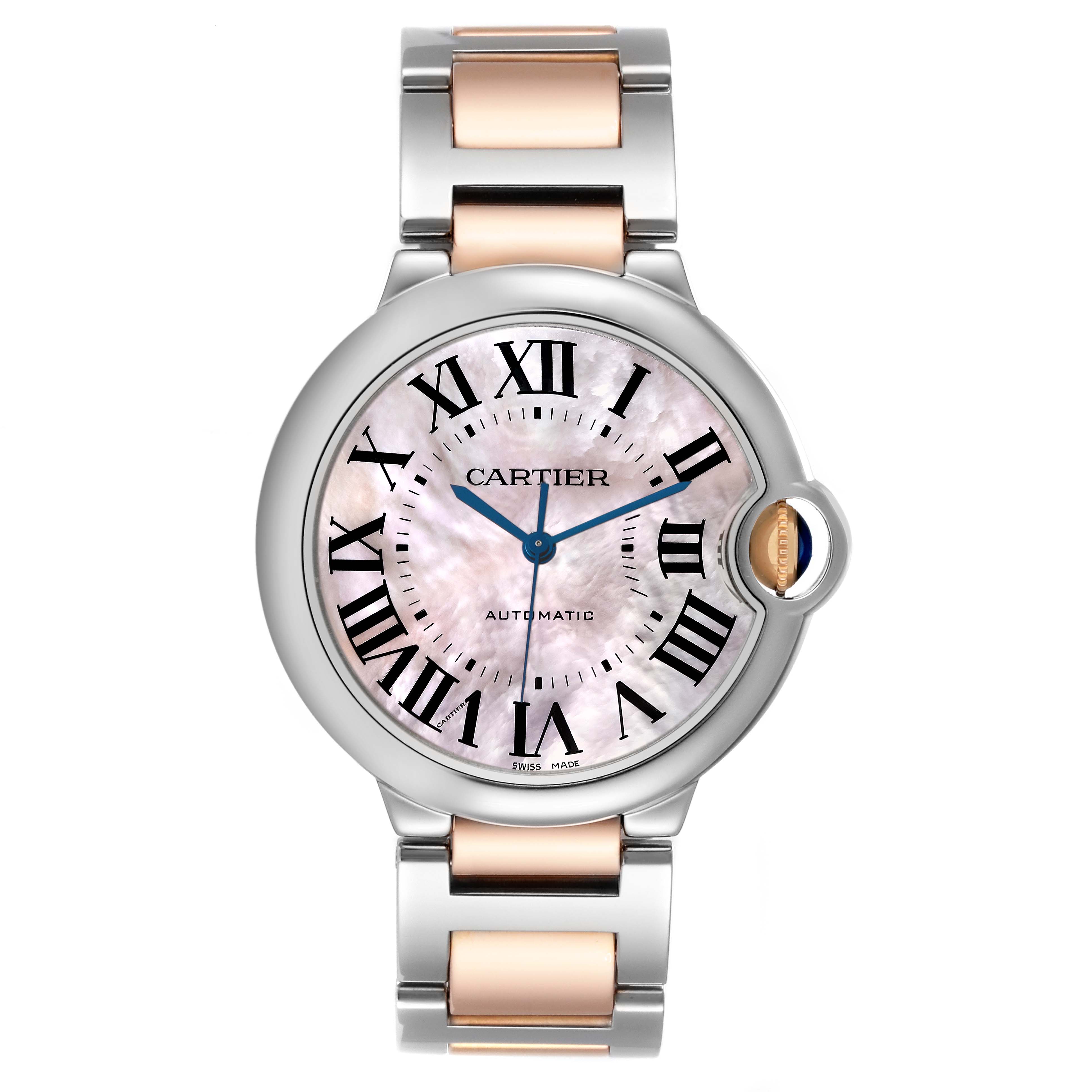 The image shows a front view of the Cartier Ballon Bleu W6920033 Women's Steel and Gold (two tone) Mother of Pearl Dial W6920033 Women's Steel and Gold (two tone) Mother of Pearl Dial watch, highlighting its dial, bracelet, and crown.