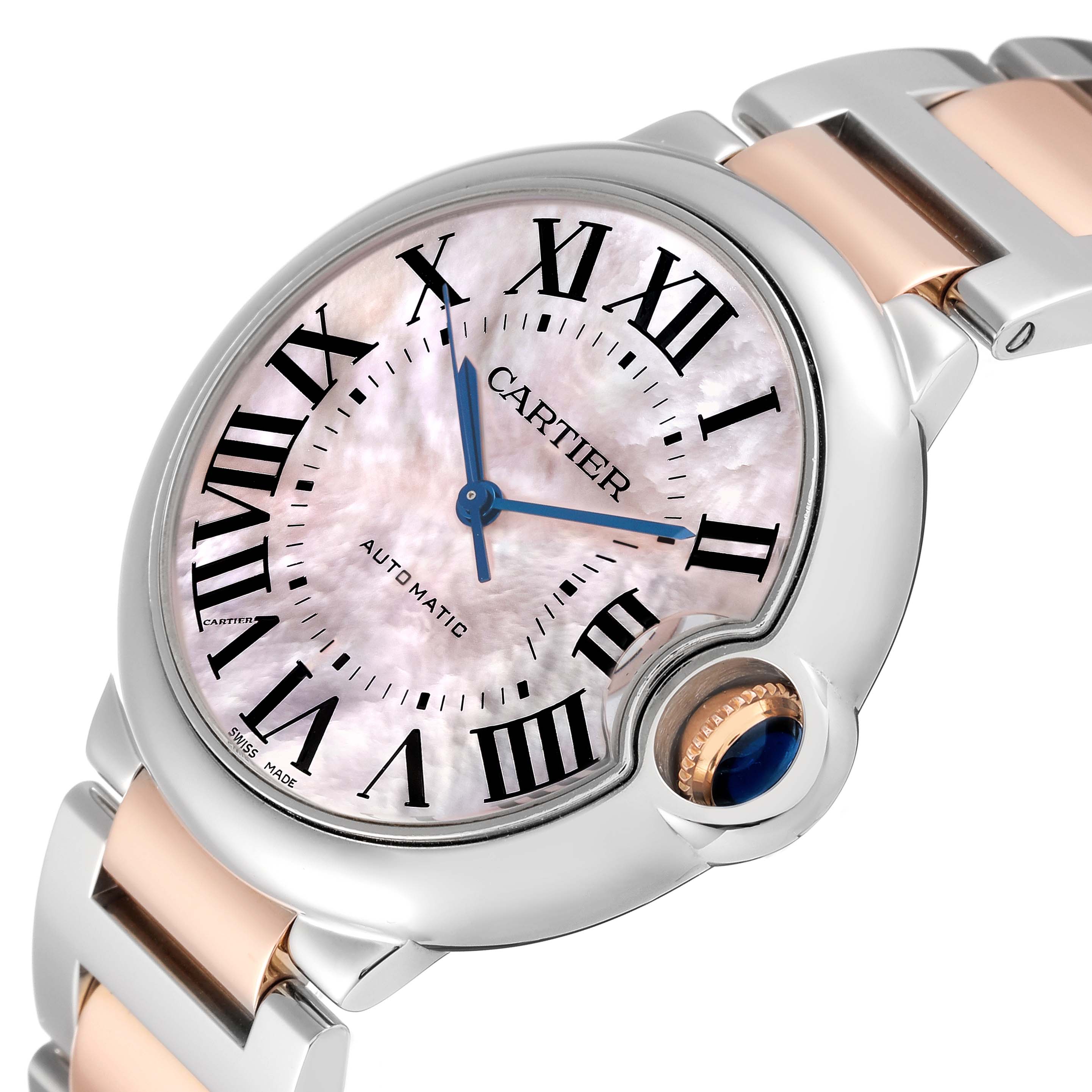 This image shows a close-up of the Cartier Ballon Bleu W6920033 Women's Steel and Gold (two tone) Mother of Pearl Dial W6920033 Women's Steel and Gold (two tone) Mother of Pearl Dial watch face and part of the metal bracelet band.