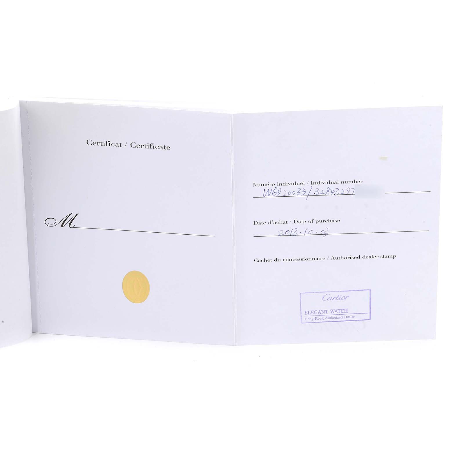 The image shows the certificate of authenticity for a Ballon Bleu model by Cartier, displaying purchase details and dealer stamp.