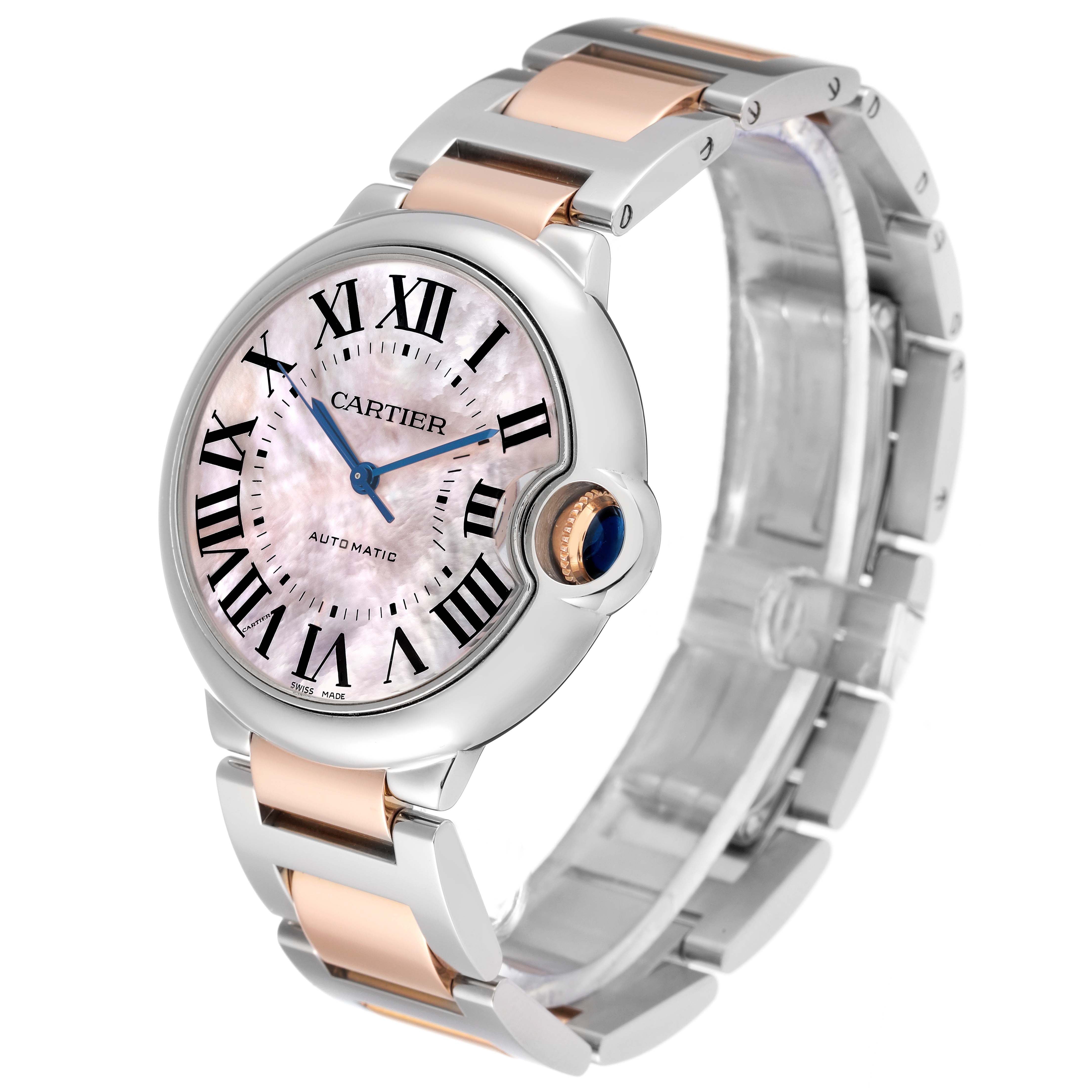 The image shows a Ballon Bleu model by Cartier from a front angle, highlighting the face, band, and crown.