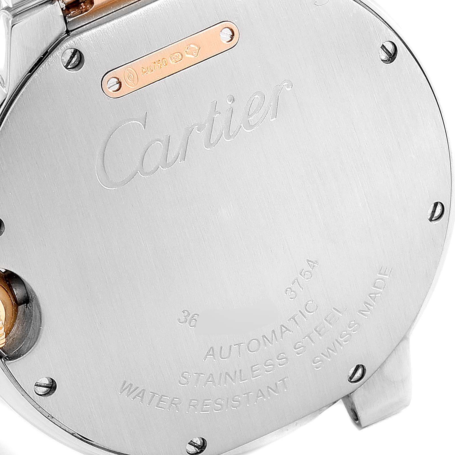 This image shows the back case of the Ballon Bleu model by Cartier, highlighting the brand engraving and specifications.