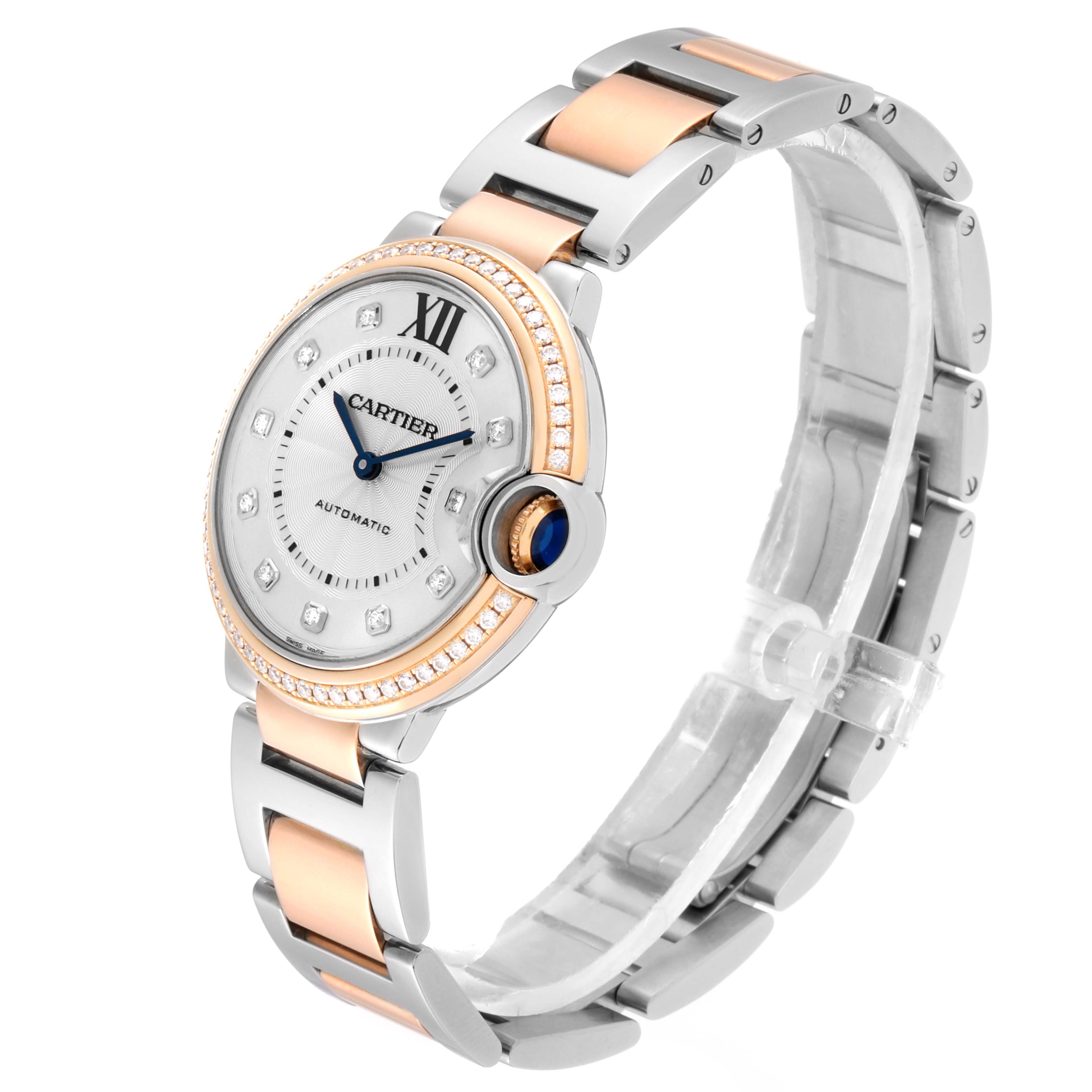 The image shows a side view of a Cartier Ballon Bleu WE902078 Women's Rose Gold Silver Dial WE902078 Women's Rose Gold Silver Dial watch, highlighting its bezel, dial, and two-tone bracelet.