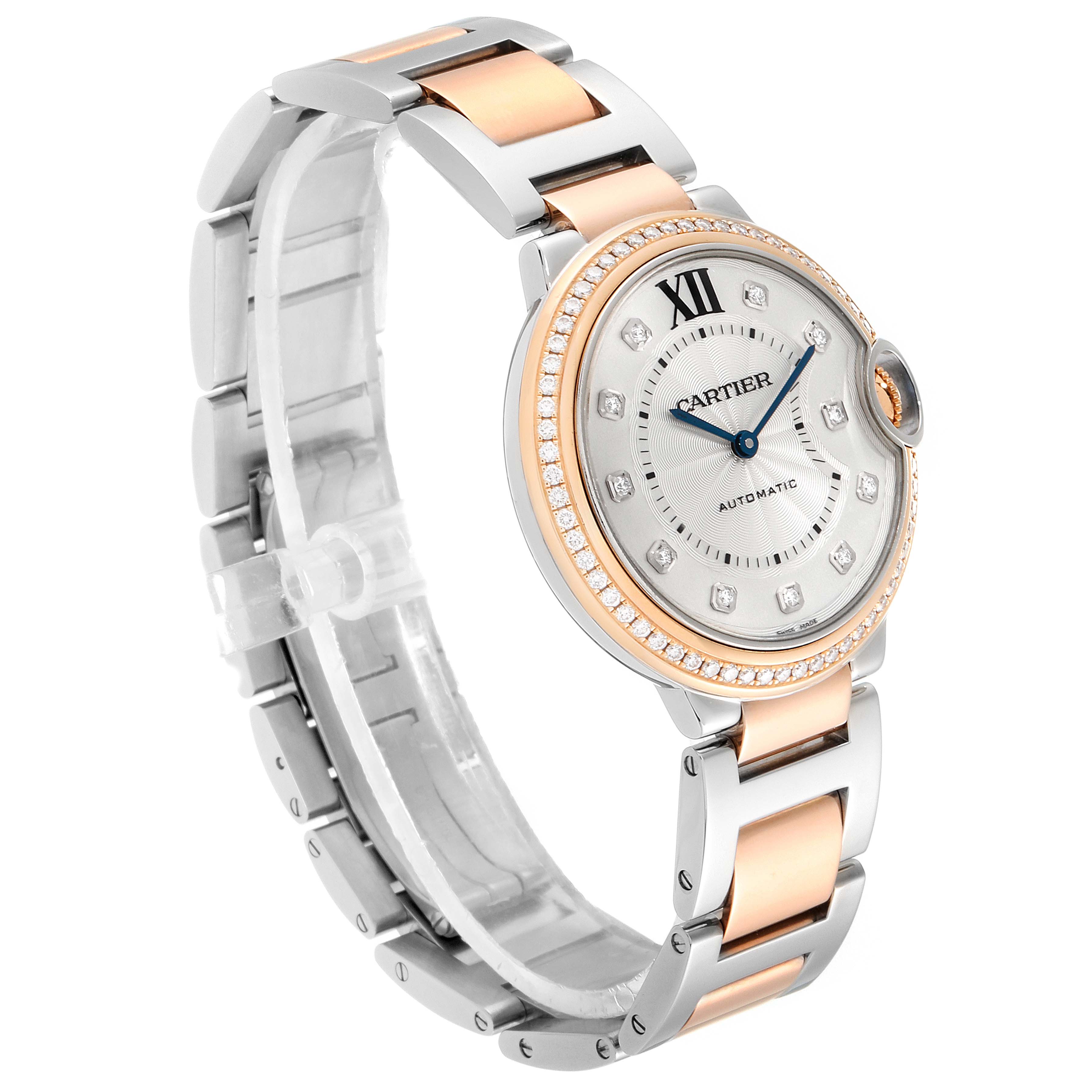 This image shows a Ballon Bleu model by Cartier from a three-quarter angle, highlighting its face, bezel, and bracelet.