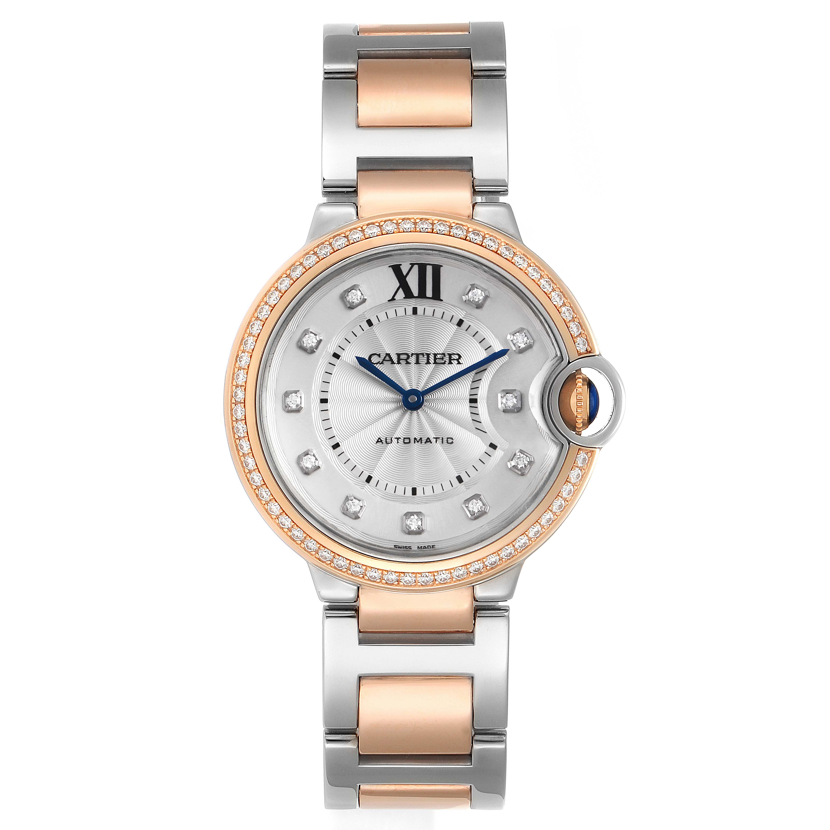 This image displays a front view of the Cartier Ballon Bleu WE902078 Women's Rose Gold Silver Dial WE902078 Women's Rose Gold Silver Dial watch, showing its face, bezel, and bracelet.