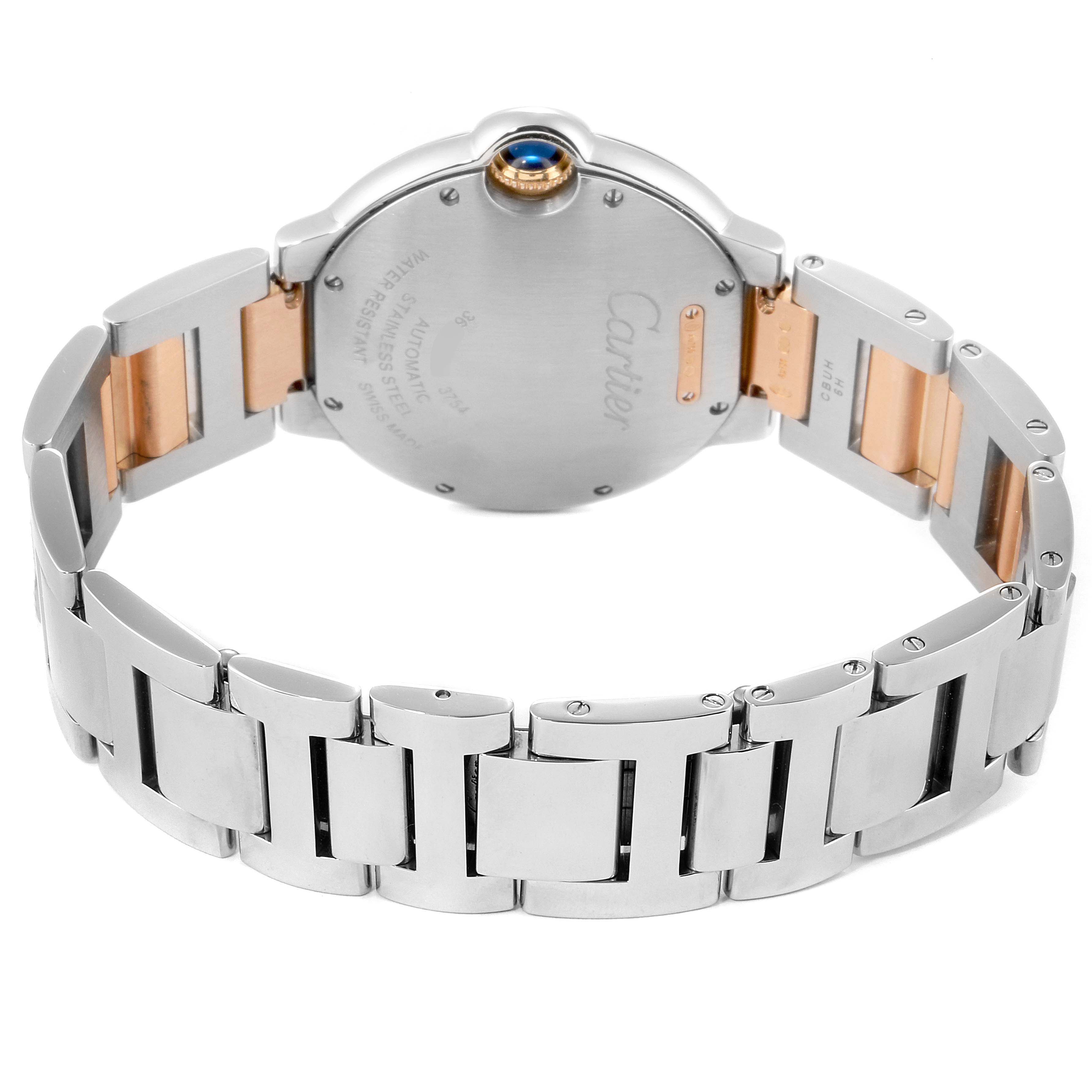 The image shows the back view of a Ballon Bleu de Cartier watch, highlighting its bracelet and caseback.