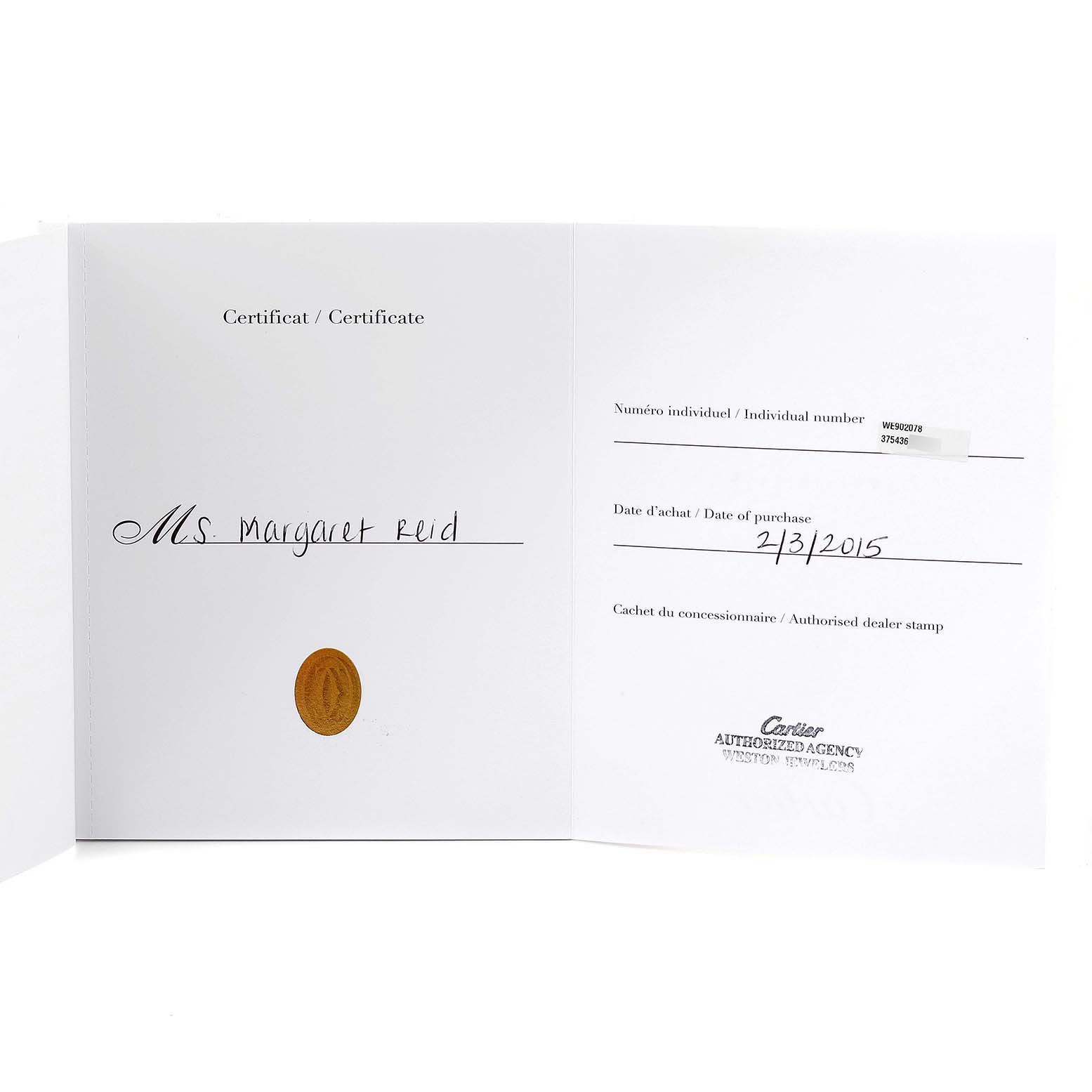 The image shows the certificate of authenticity for the Ballon Bleu model by Cartier, including purchase details and dealer stamp.