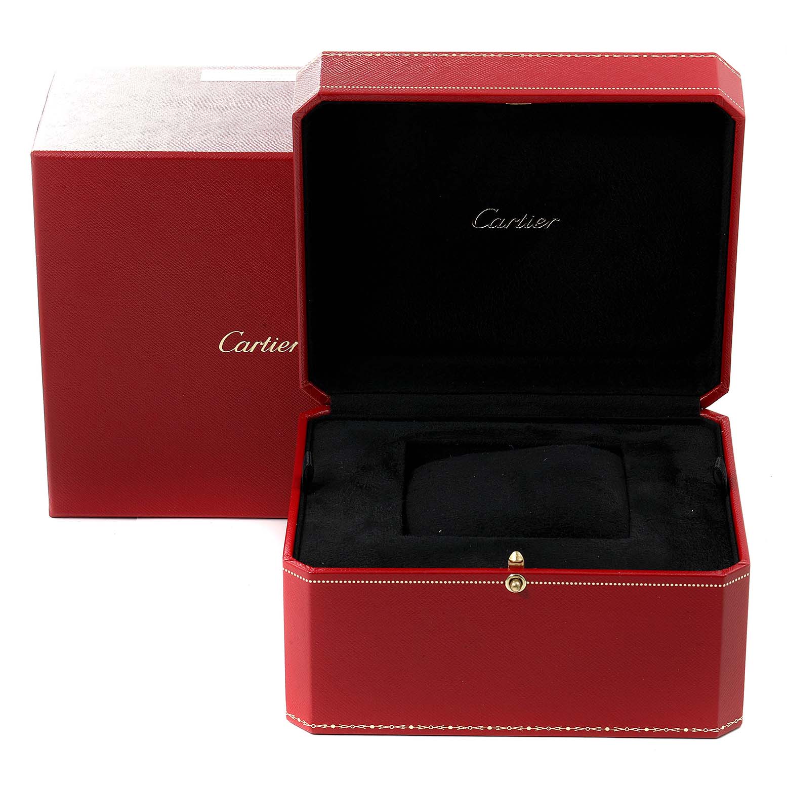 This image shows an open Cartier Panthere W25016F3 Women's White Gold Silver Dial W25016F3 Women's White Gold Silver Dial watch box angled to display both the outer and inner red cases.