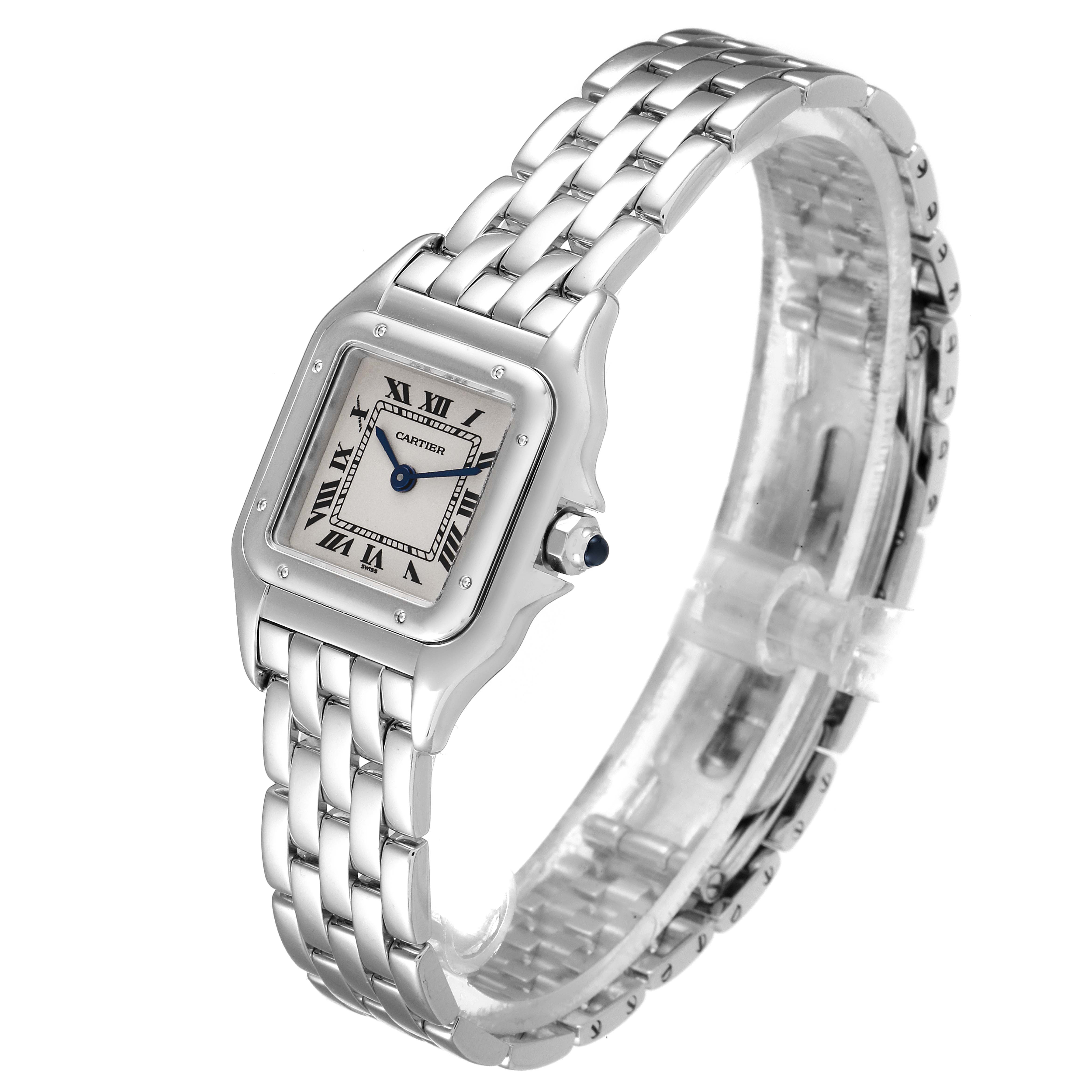The image shows a Panthere model by Cartier from an angled side and front perspective, highlighting its face and bracelet.