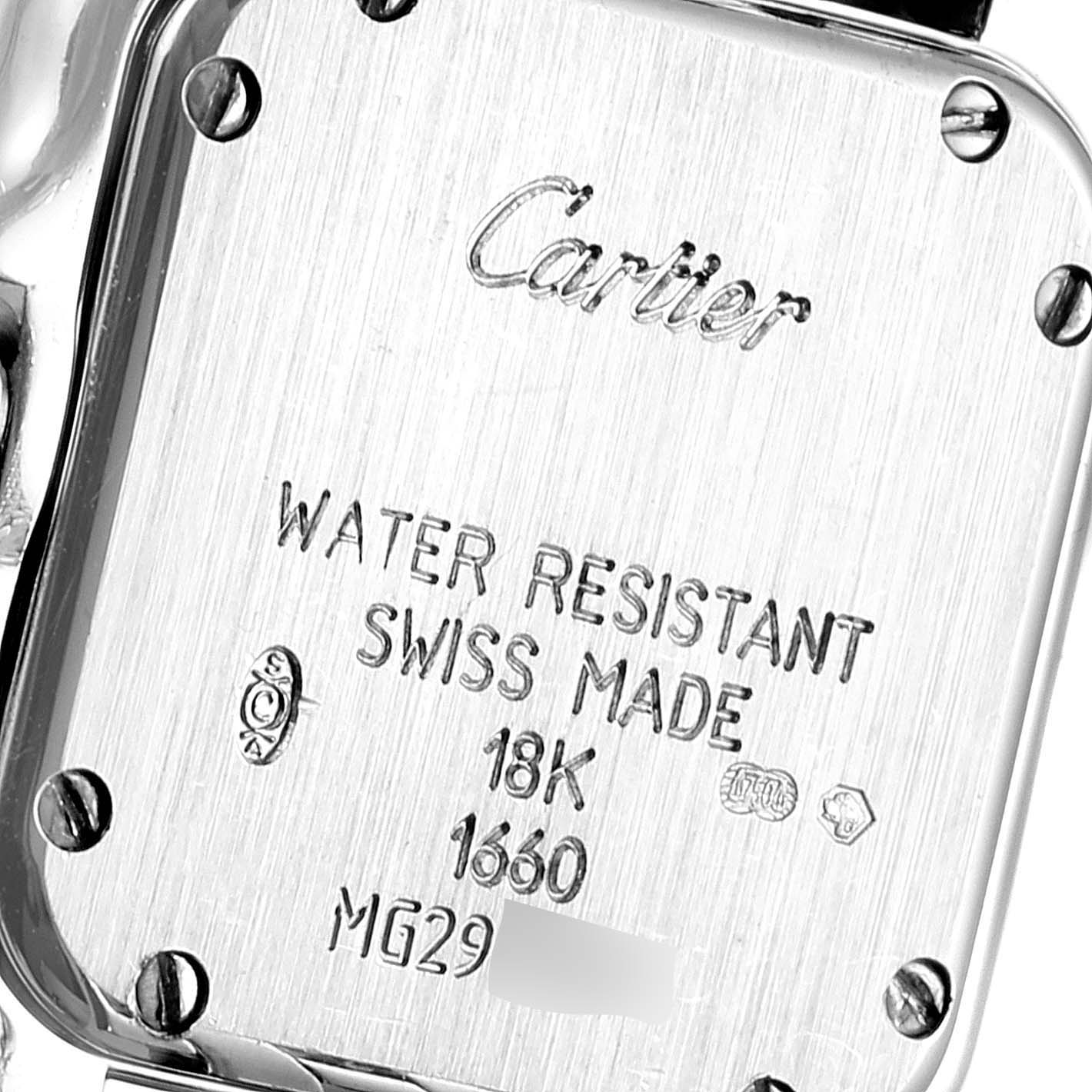 The image shows the back case of a Cartier Panthere W25016F3 Women's White Gold Silver Dial W25016F3 Women's White Gold Silver Dial model watch, displaying its specifications and screws.