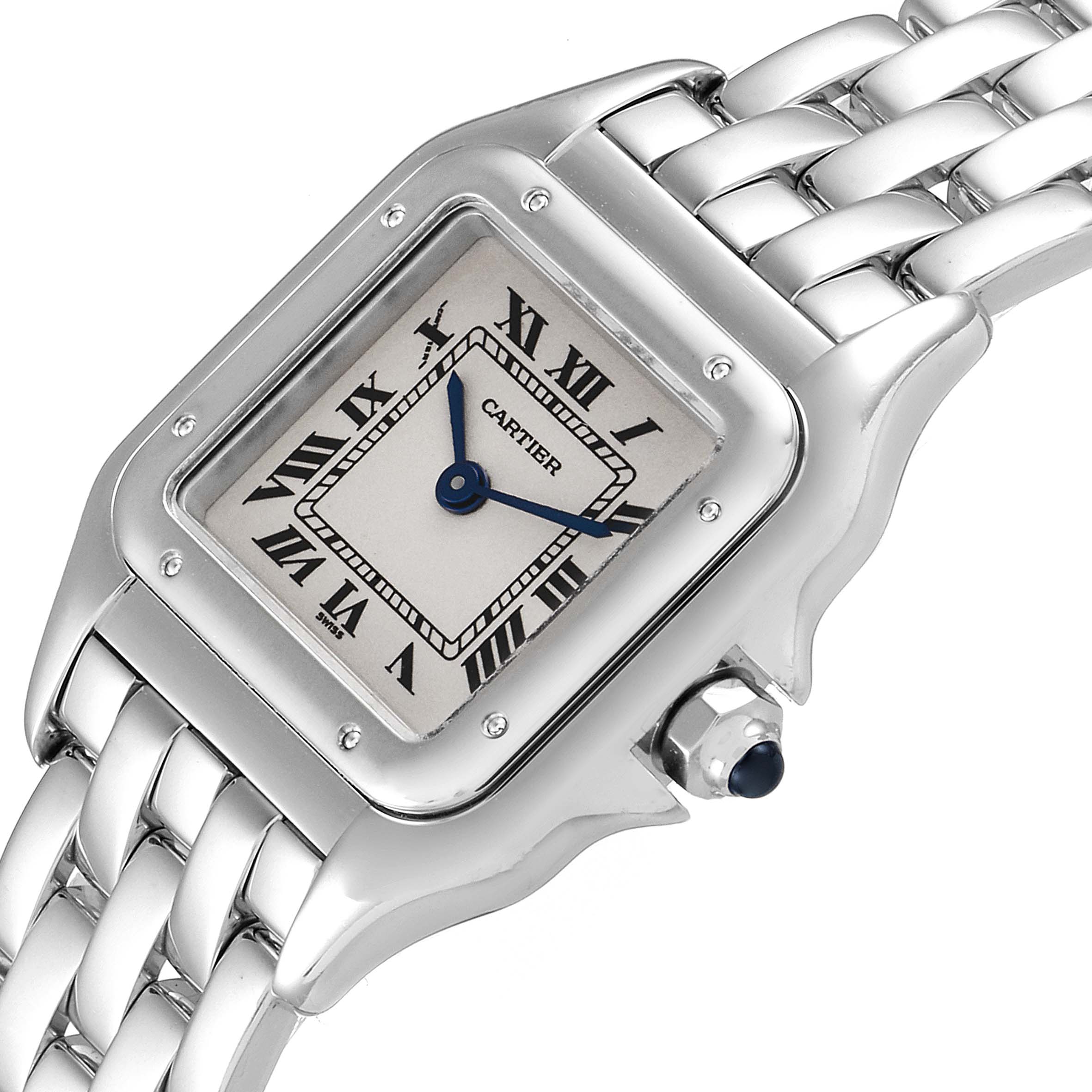 The image displays a close-up angle of the Cartier Panthere W25016F3 Women's White Gold Silver Dial W25016F3 Women's White Gold Silver Dial watch face and band.
