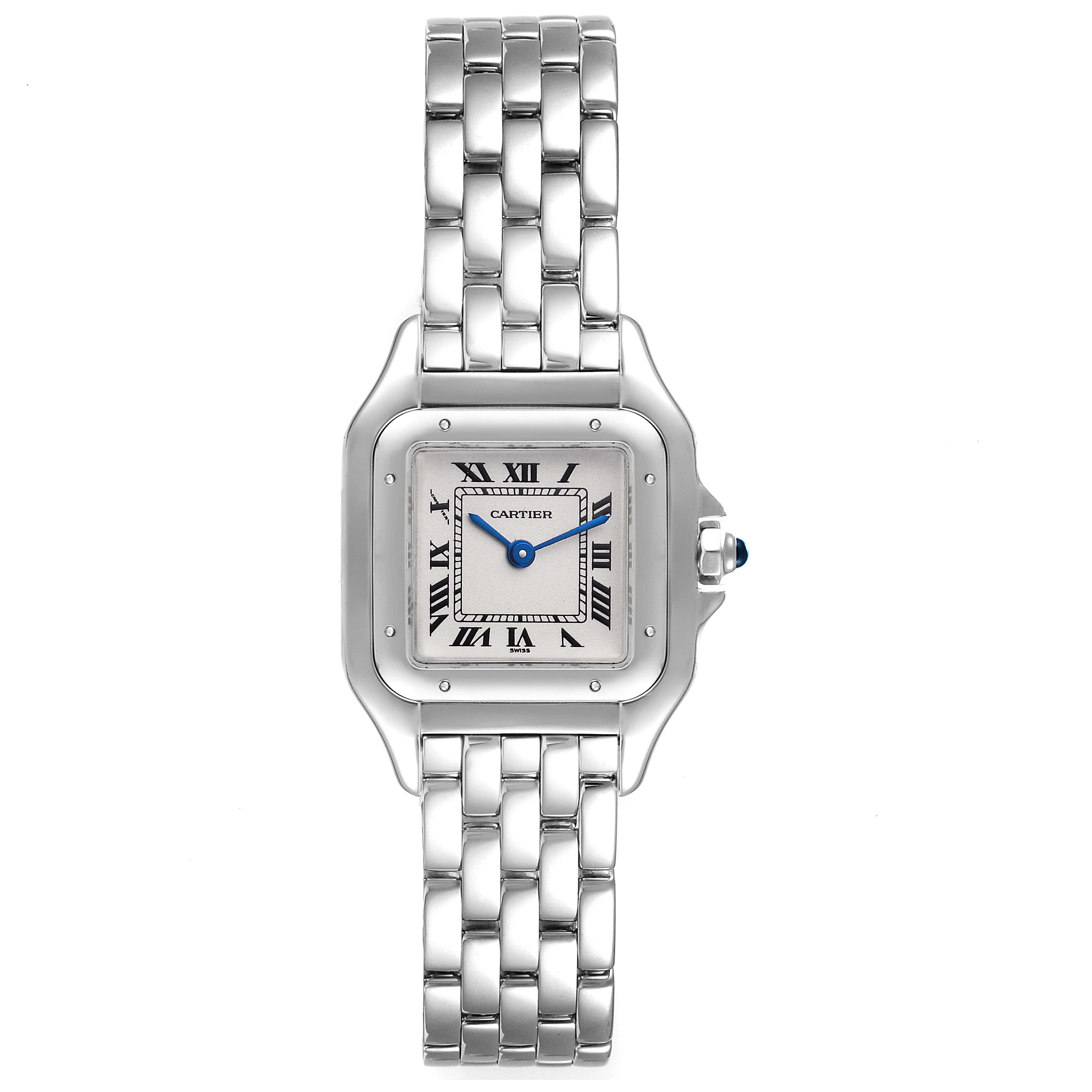 The image shows a full frontal view of the Cartier Panthere W25016F3 Women's White Gold Silver Dial W25016F3 Women's White Gold Silver Dial watch, highlighting its face, bracelet, and crown.