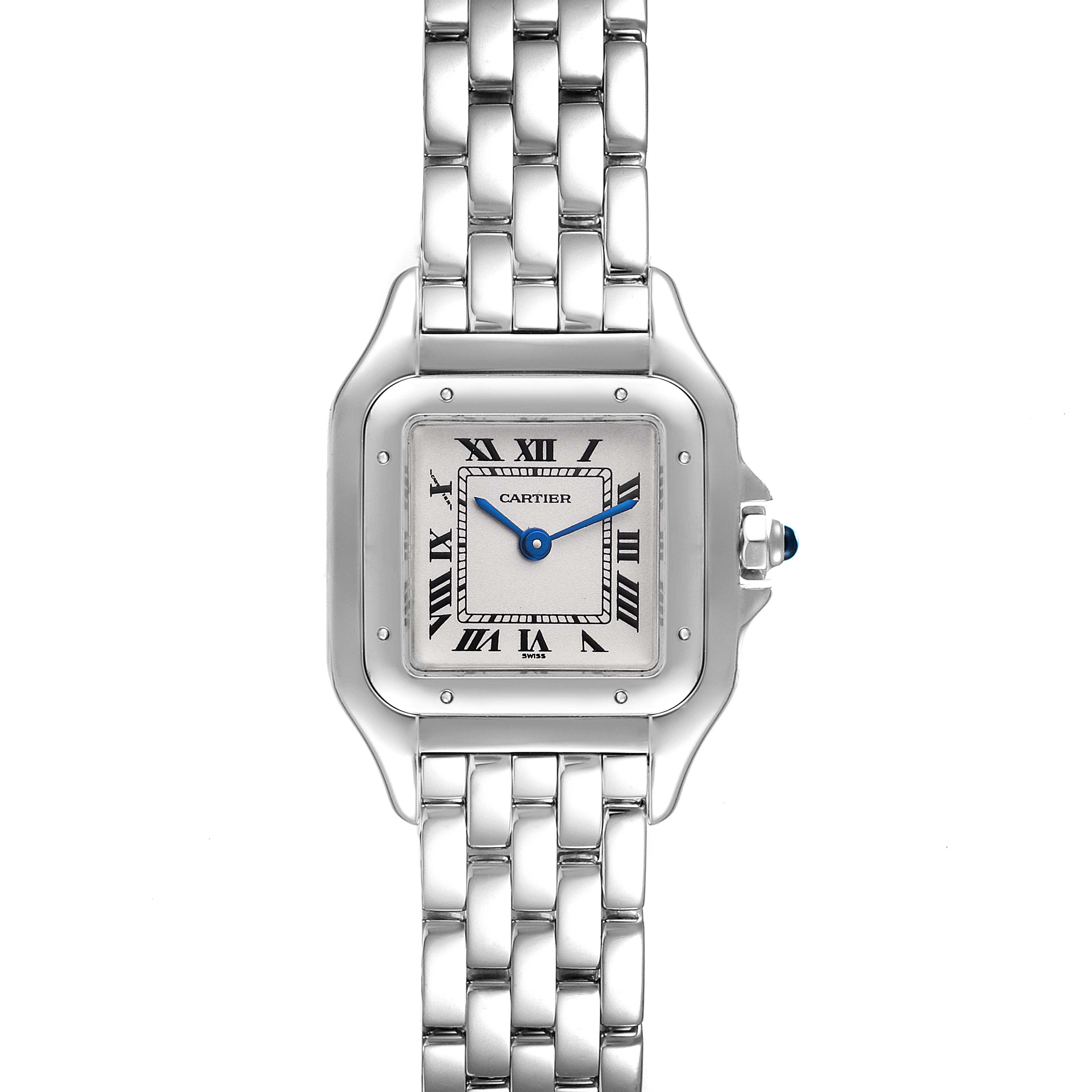 The image shows a front view of a Cartier Panthere W25016F3 Women's White Gold Silver Dial W25016F3 Women's White Gold Silver Dial watch, displaying its face, Roman numerals, and bracelet.