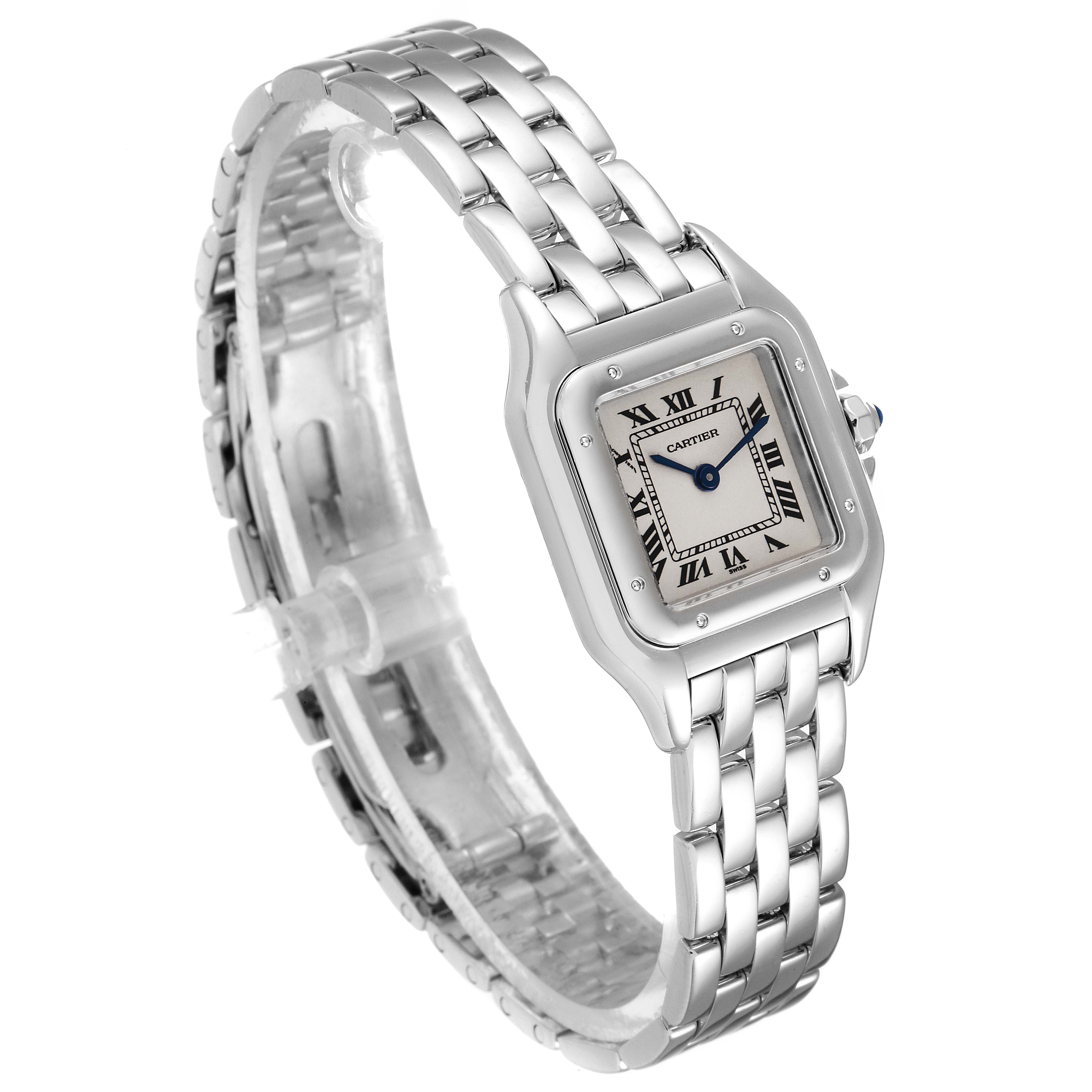 This is a Cartier Panthere W25016F3 Women's White Gold Silver Dial W25016F3 Women's White Gold Silver Dial model watch displayed at an angle showing the bracelet, case, and face with Roman numeral markers.