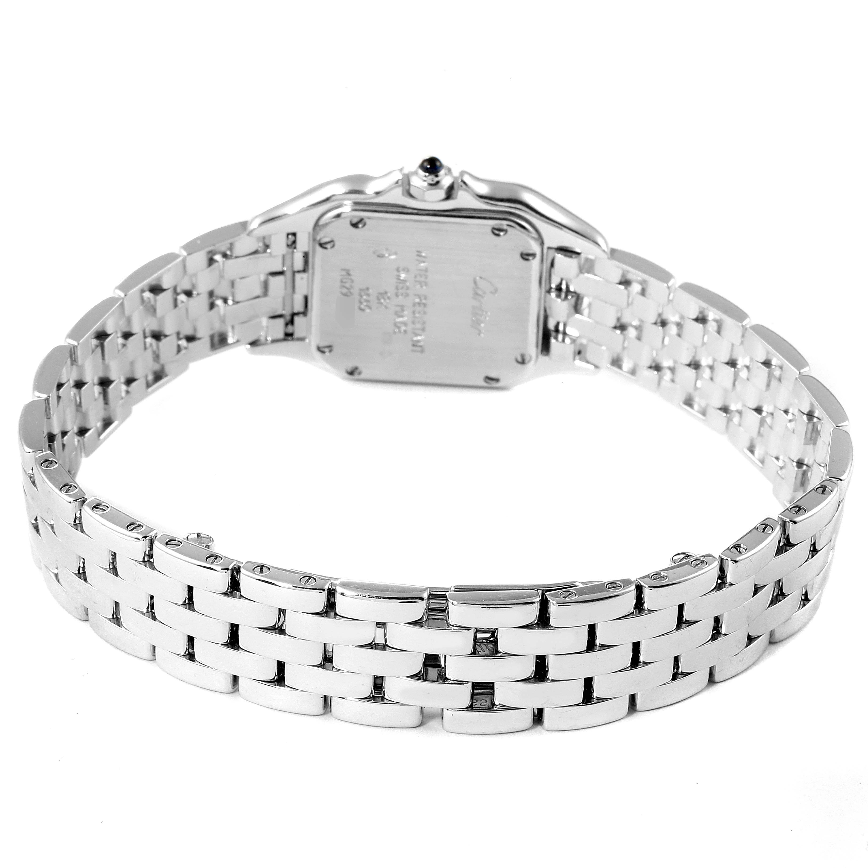 The image shows the back of the Cartier Panthere W25016F3 Women's White Gold Silver Dial W25016F3 Women's White Gold Silver Dial watch, highlighting the bracelet and case back.