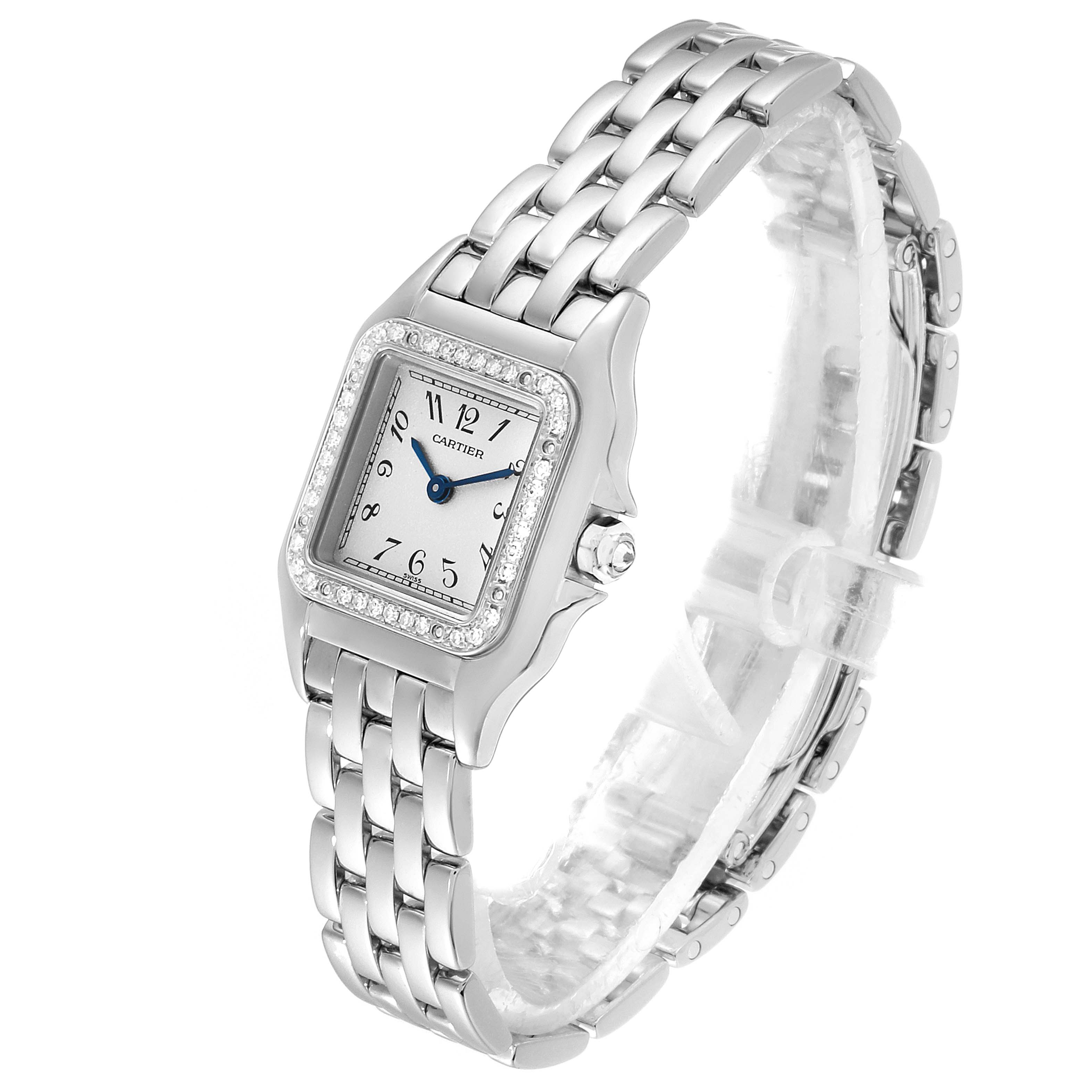 The Cartier Panthere WF3091F3 Women's White Gold Silver Dial WF3091F3 Women's White Gold Silver Dial model watch is shown at a three-quarter angle, displaying the face, bezel, and bracelet.
