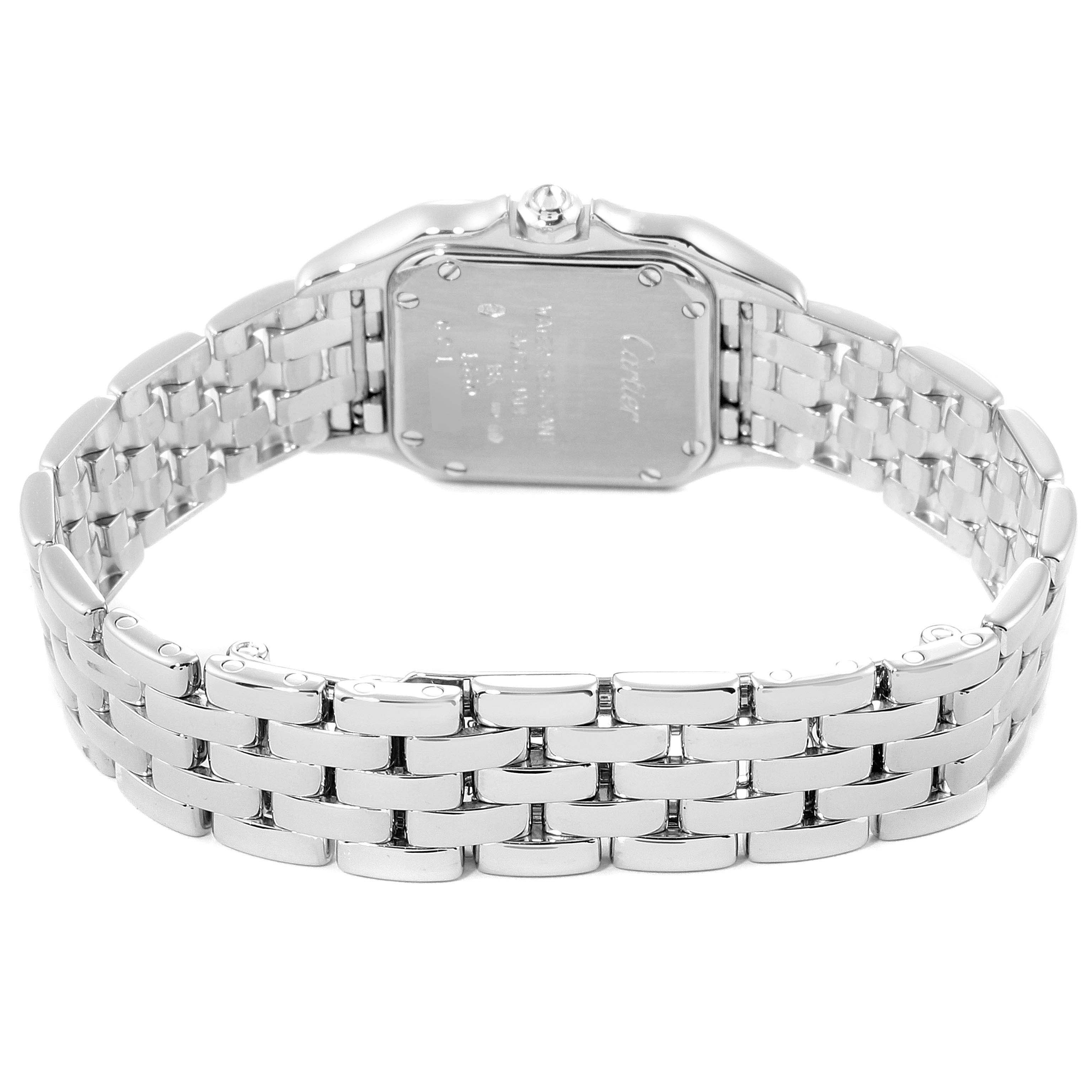 This image shows the back case and metal bracelet of a Cartier Panthere WF3091F3 Women's White Gold Silver Dial WF3091F3 Women's White Gold Silver Dial watch from a rear angle.