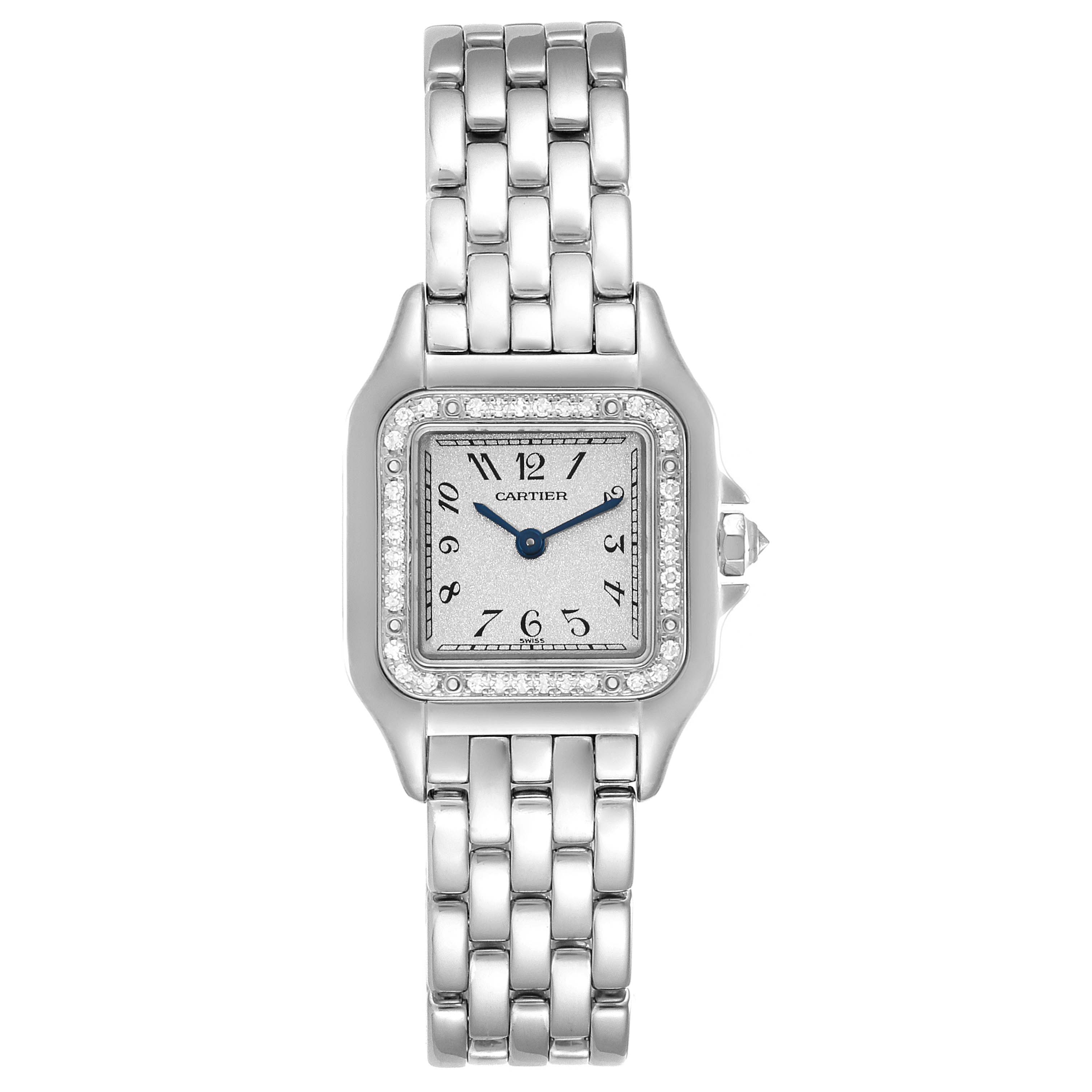 The image shows a front view of a Cartier Panthere WF3091F3 Women's White Gold Silver Dial WF3091F3 Women's White Gold Silver Dial watch, highlighting its face, bezel, and bracelet.