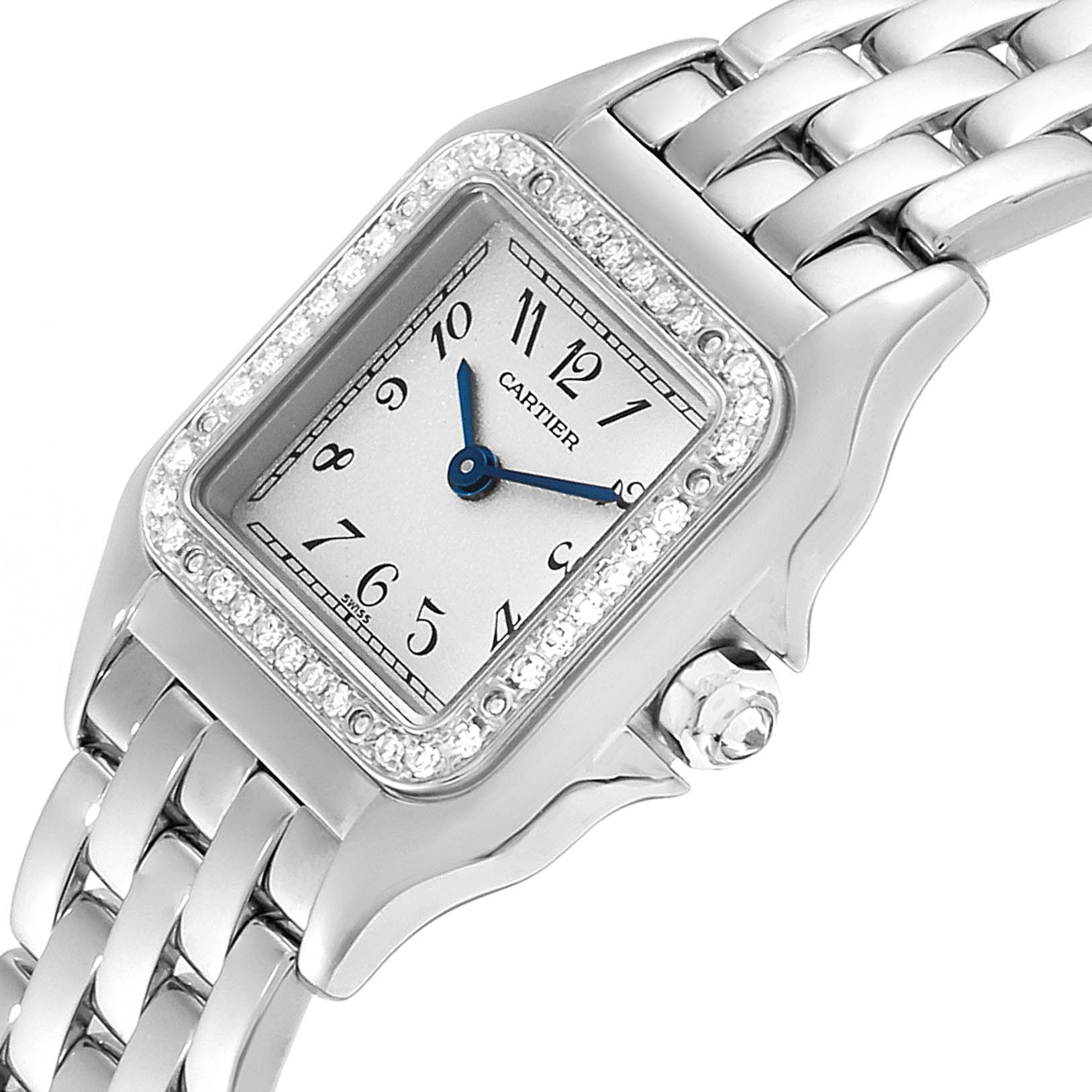 The image shows a close-up of the face and part of the bracelet of a Cartier Panthere WF3091F3 Women's White Gold Silver Dial WF3091F3 Women's White Gold Silver Dial watch, highlighting its dial and bezel.
