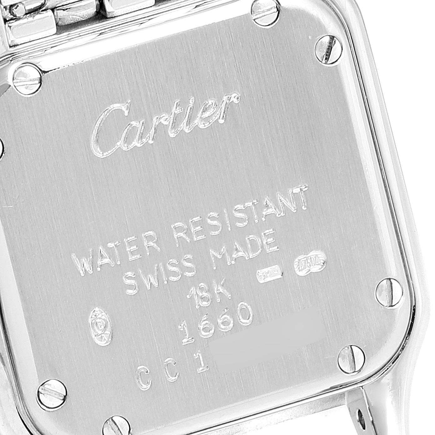 This image shows the back case of a Cartier Panthere WF3091F3 Women's White Gold Silver Dial WF3091F3 Women's White Gold Silver Dial watch viewed from a close-up angle.