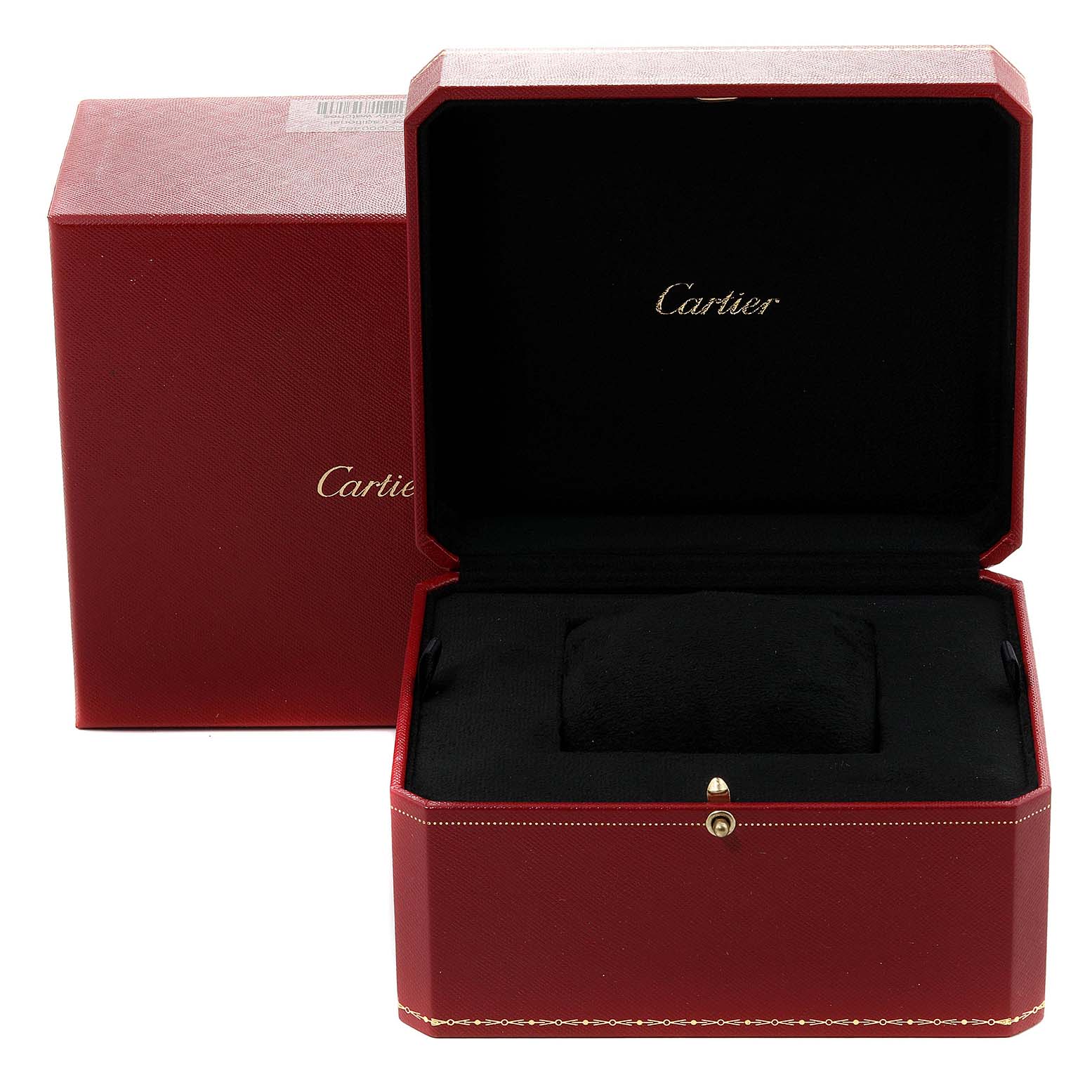 The image shows an open Cartier watch box for the Panthere model, revealing its interior cushion for the watch.