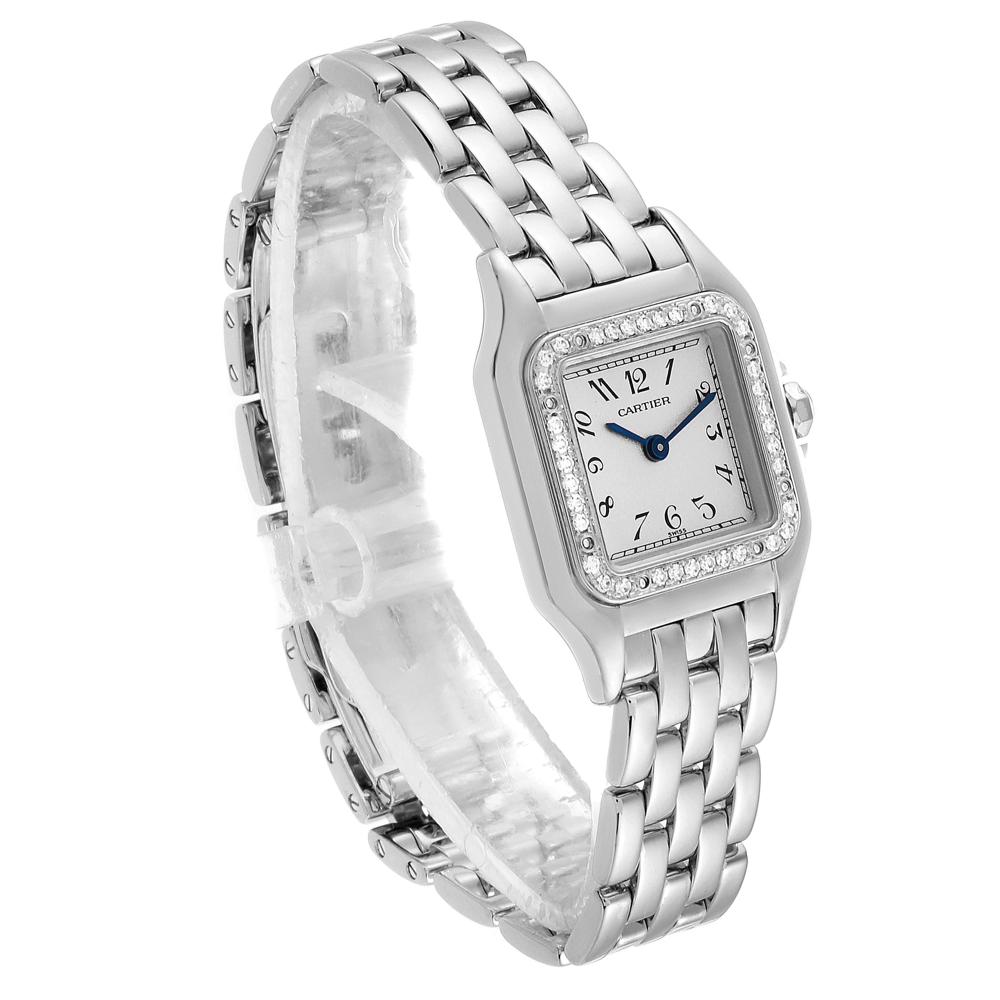 The image shows a three-quarter angle view of a Panthere model watch by Cartier, highlighting the face, bezel, and bracelet.