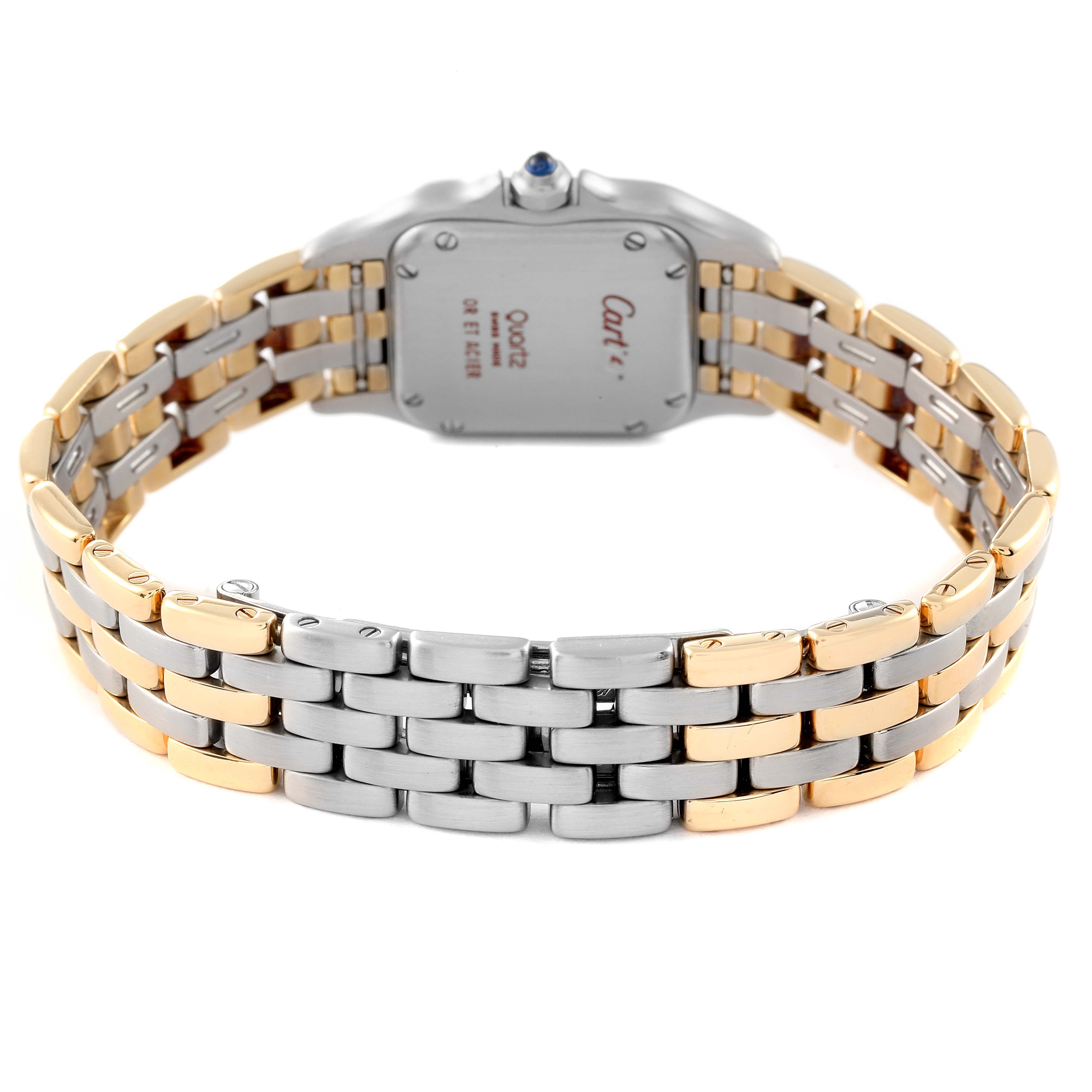 The image shows the back view of a Cartier Panthere W25029B8 Women's Steel and Gold (two tone) Silver Dial W25029B8 Women's Steel and Gold (two tone) Silver Dial watch, highlighting its two-tone metal bracelet.