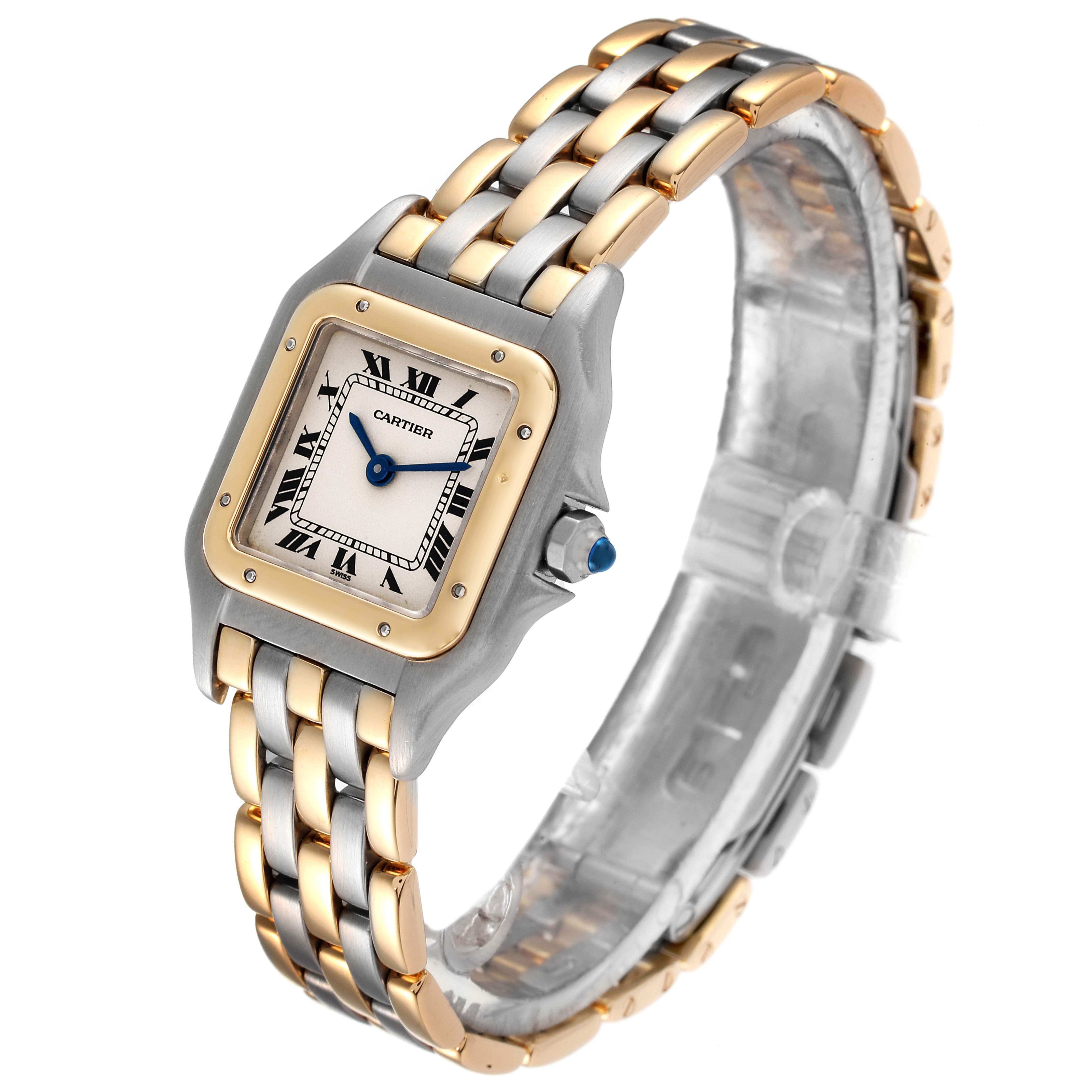 The image shows a Cartier Panthere W25029B8 Women's Steel and Gold (two tone) Silver Dial W25029B8 Women's Steel and Gold (two tone) Silver Dial model watch, angled to display the face and two-tone metal bracelet.