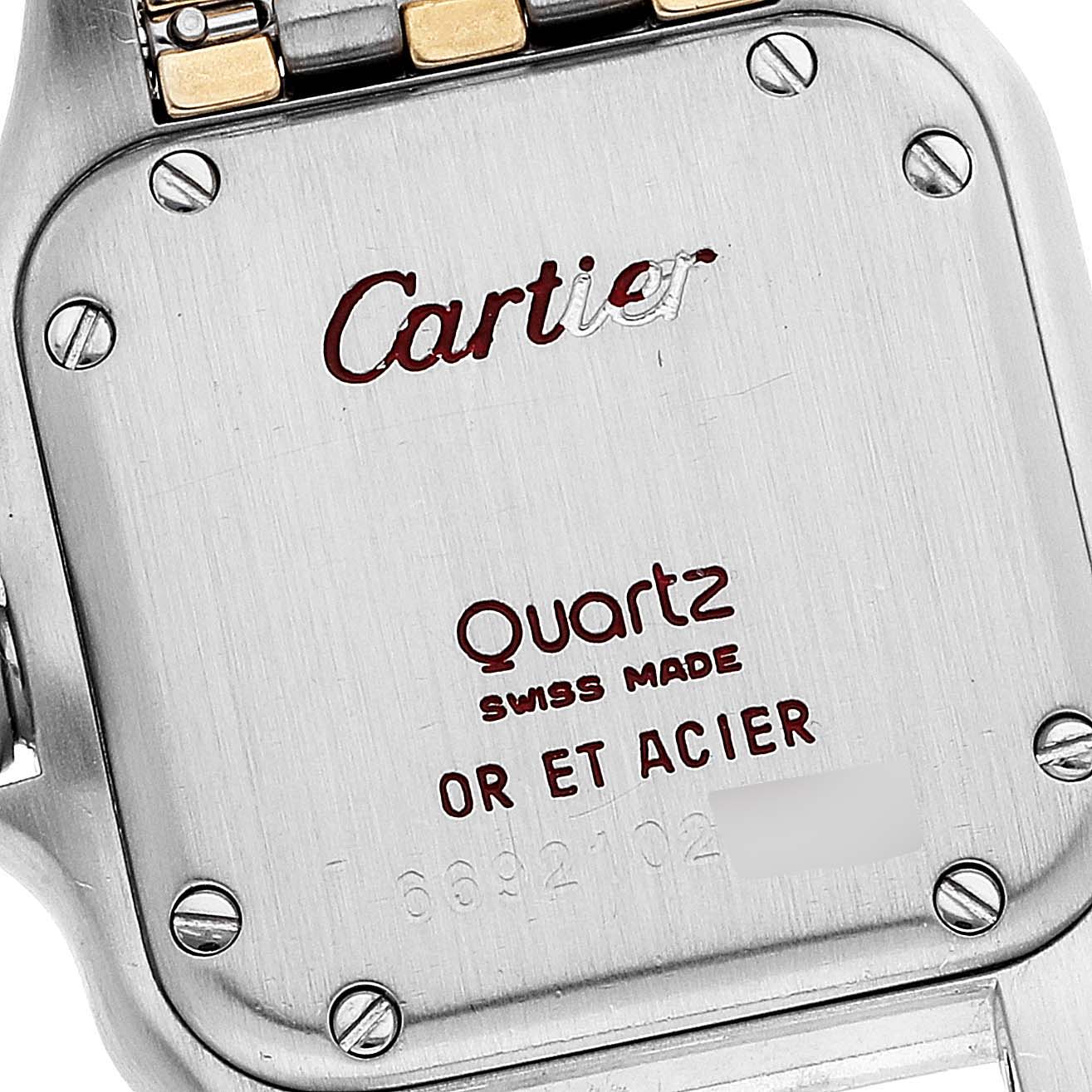 This image shows the back case of a Cartier Panthere W25029B8 Women's Steel and Gold (two tone) Silver Dial W25029B8 Women's Steel and Gold (two tone) Silver Dial watch, including the brand name, model, and construction details.