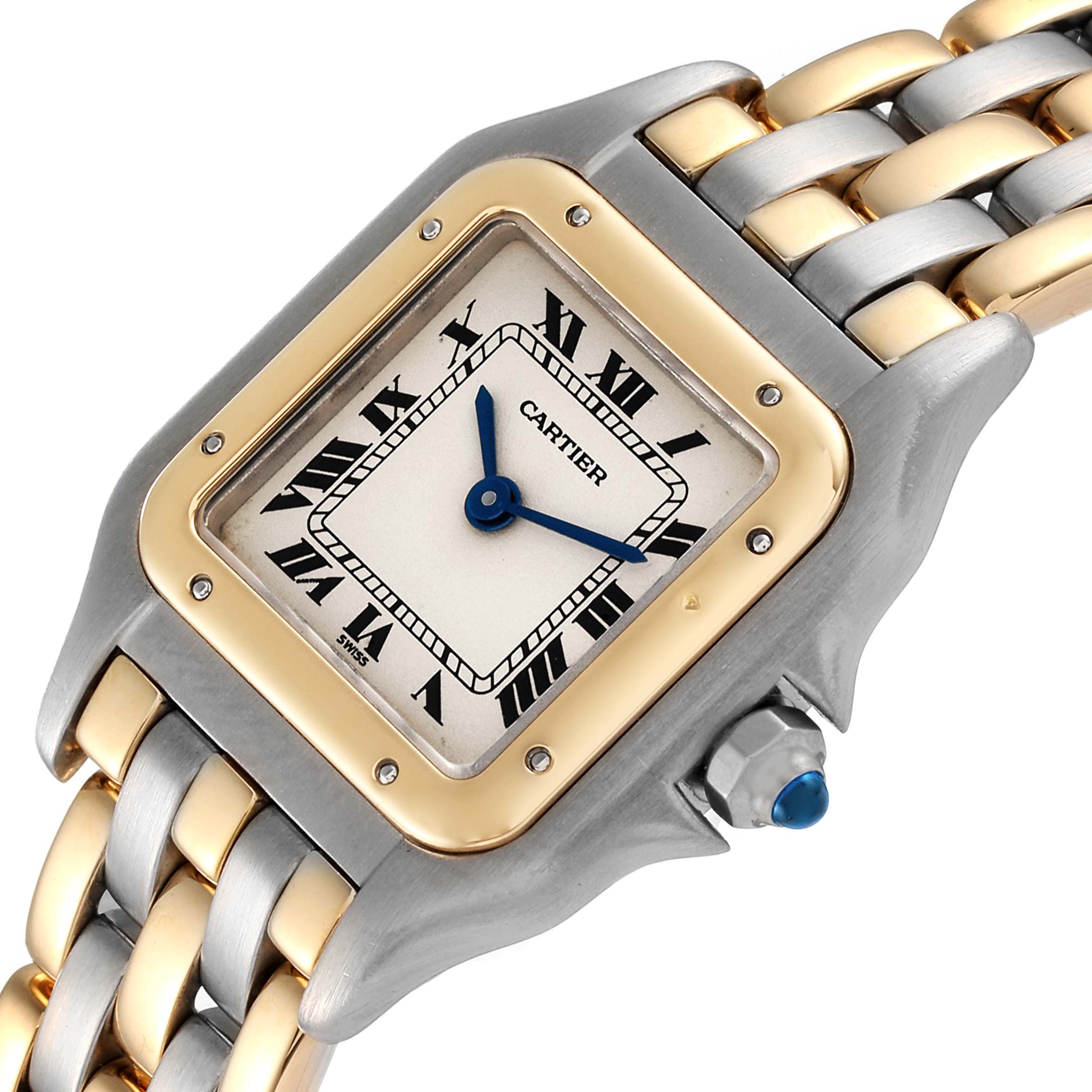 The image shows a close-up of the Cartier Panthère watch face, crown, and part of the two-tone bracelet.