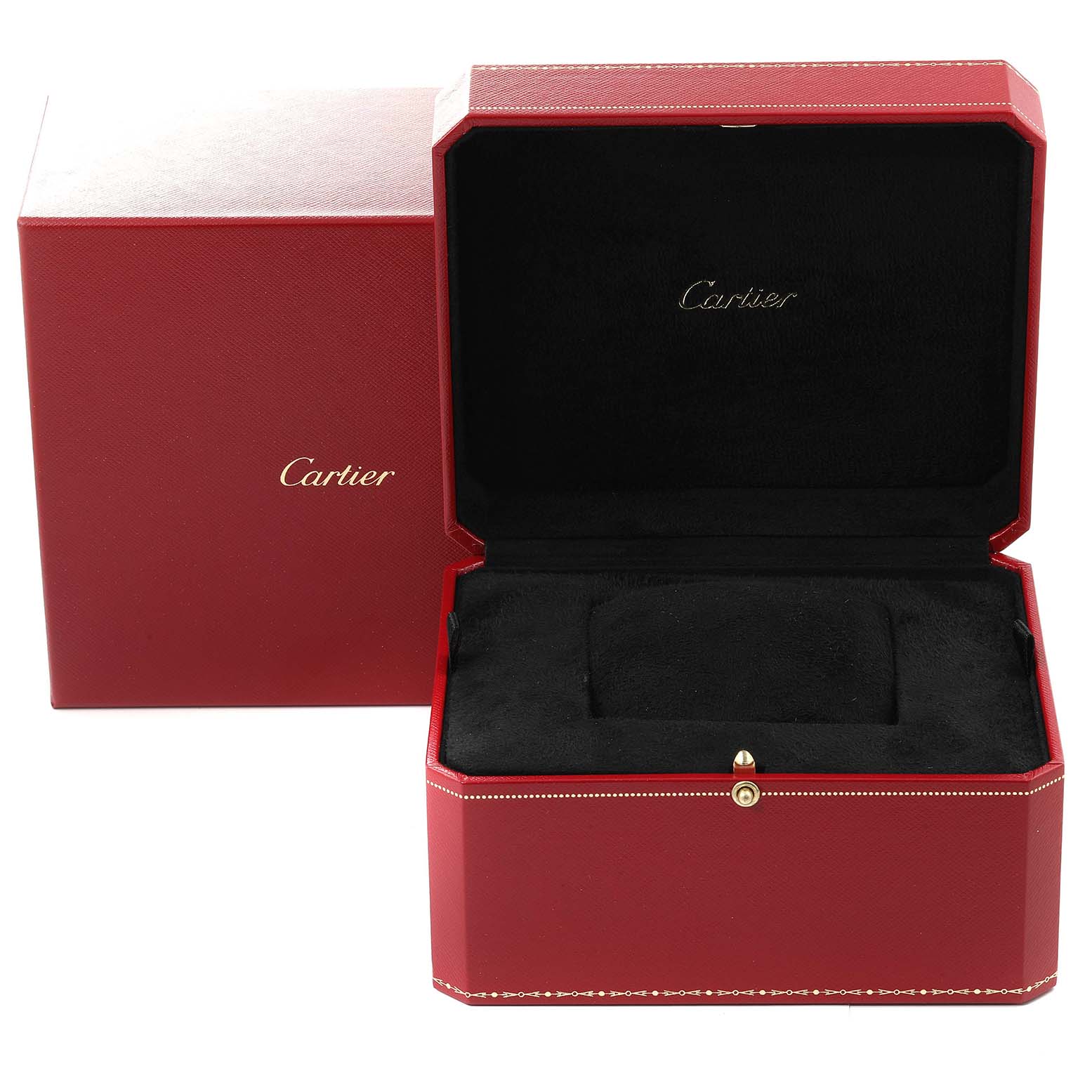 The image shows a Cartier Panthere W25029B8 Women's Steel and Gold (two tone) Silver Dial W25029B8 Women's Steel and Gold (two tone) Silver Dial watch red box, open, revealing its black interior for watch storage.