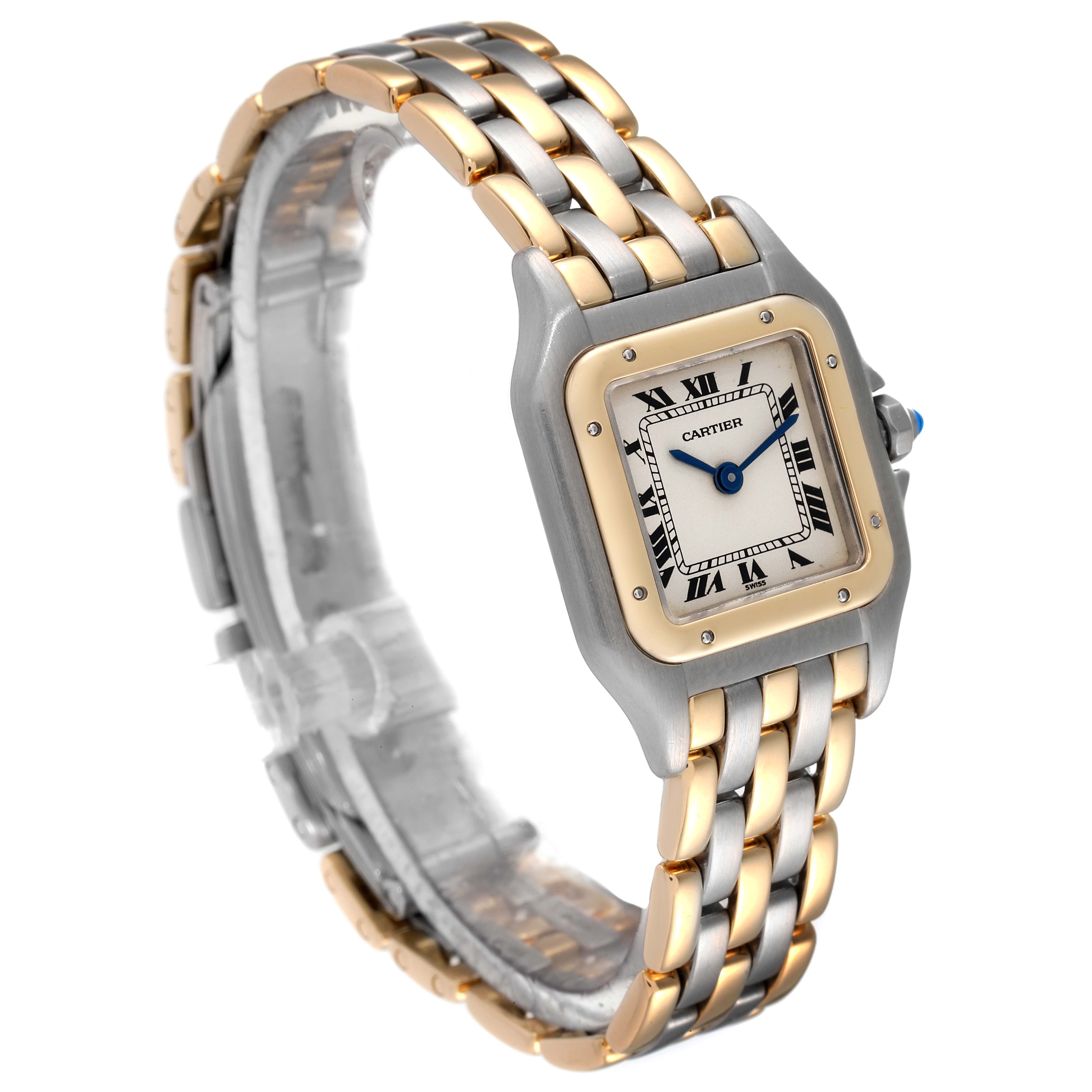 The Cartier Panthere W25029B8 Women's Steel and Gold (two tone) Silver Dial W25029B8 Women's Steel and Gold (two tone) Silver Dial watch is shown at a 3/4 angle, highlighting its face, bezel, and two-tone bracelet.