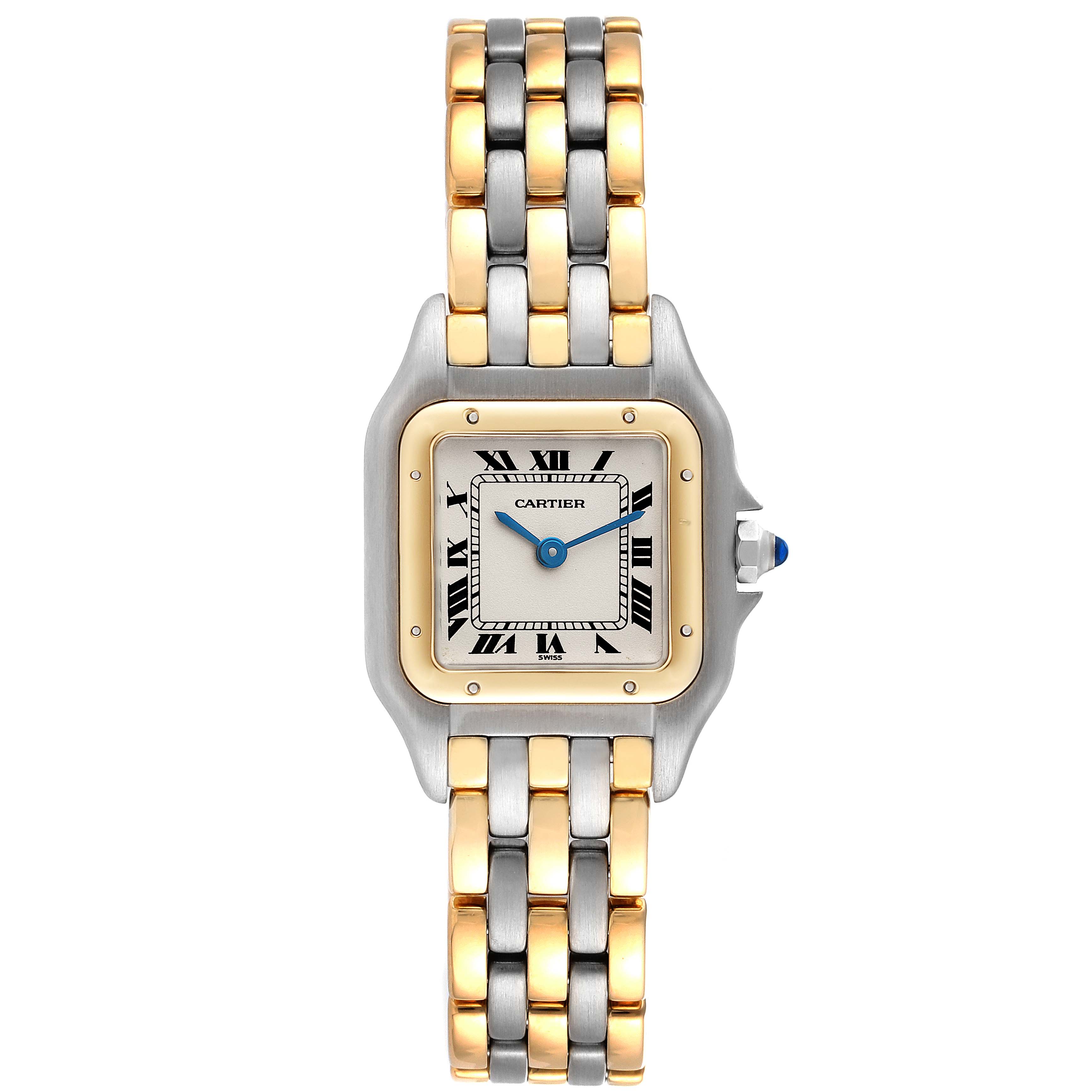 The Panthere model by Cartier is shown from the front, displaying the face, bezel, and part of the band.