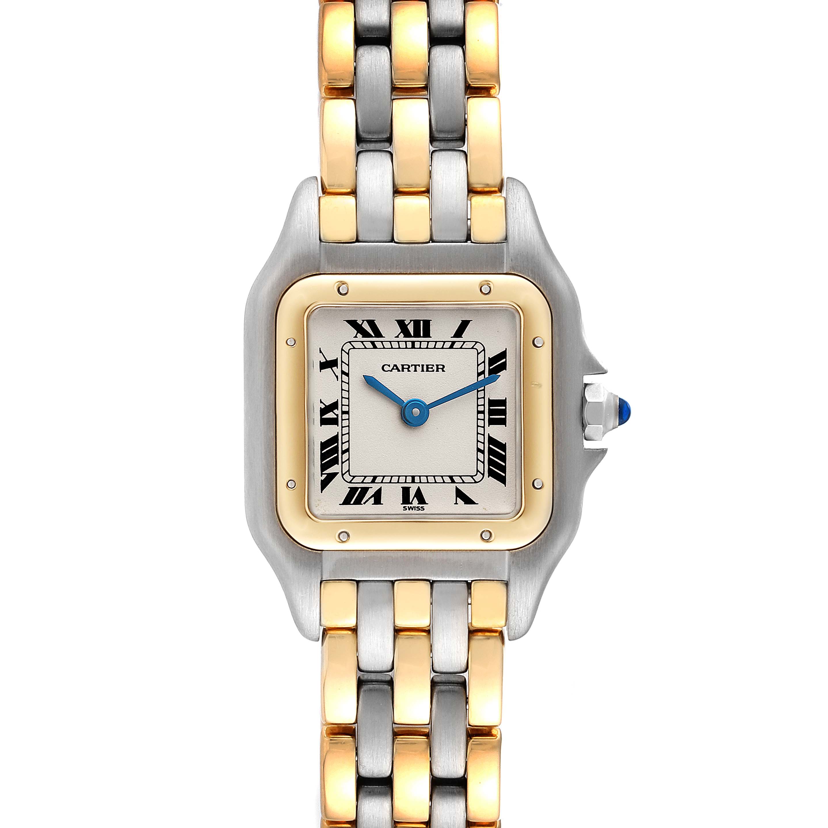This image shows a front view of the Cartier Panthere W25029B8 Women's Steel and Gold (two tone) Silver Dial W25029B8 Women's Steel and Gold (two tone) Silver Dial watch, highlighting its face, bezel, and part of its two-tone bracelet.