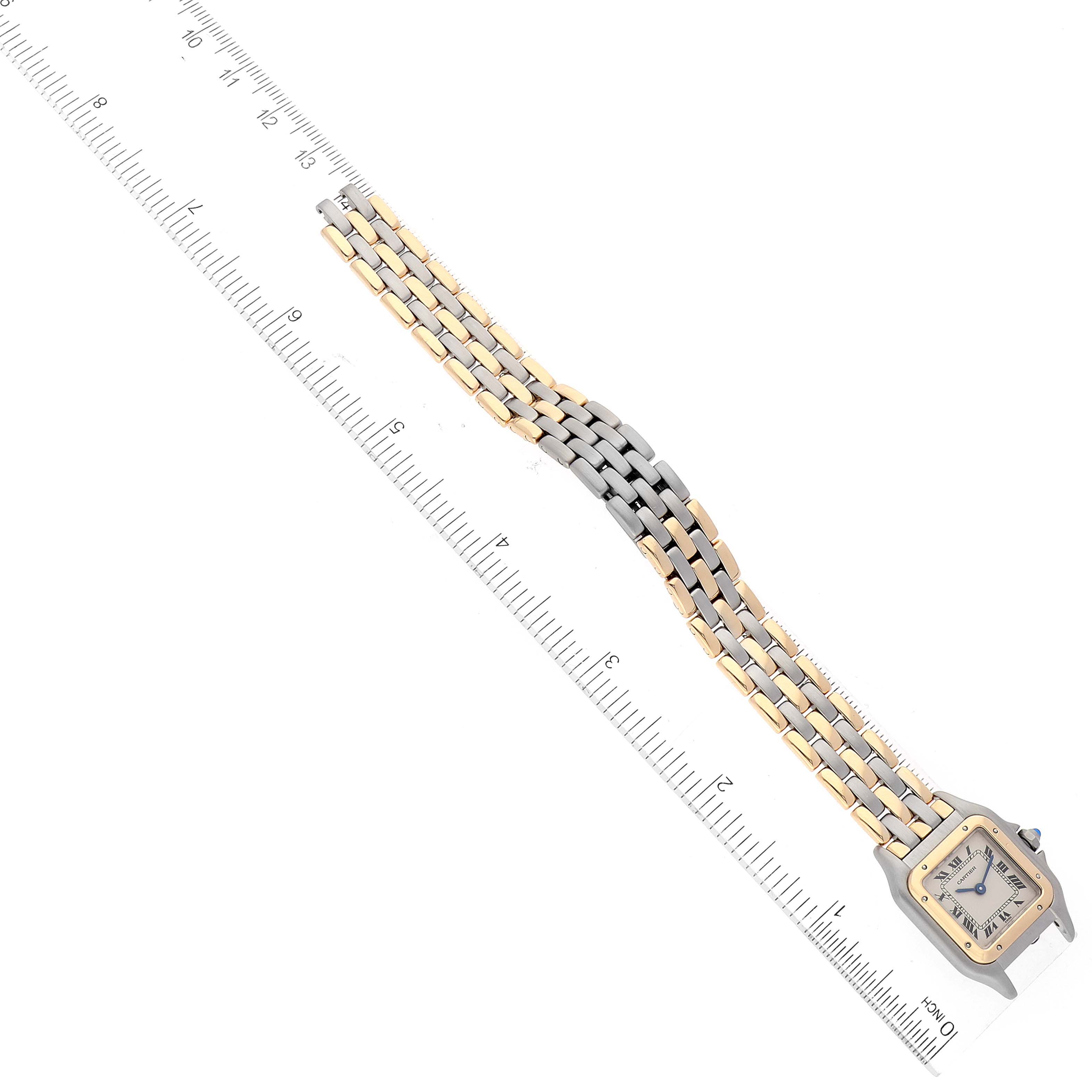 The image shows a Cartier Panthere W25029B8 Women's Steel and Gold (two tone) Silver Dial W25029B8 Women's Steel and Gold (two tone) Silver Dial model watch, displayed flat with the face and full bracelet visible alongside a ruler.