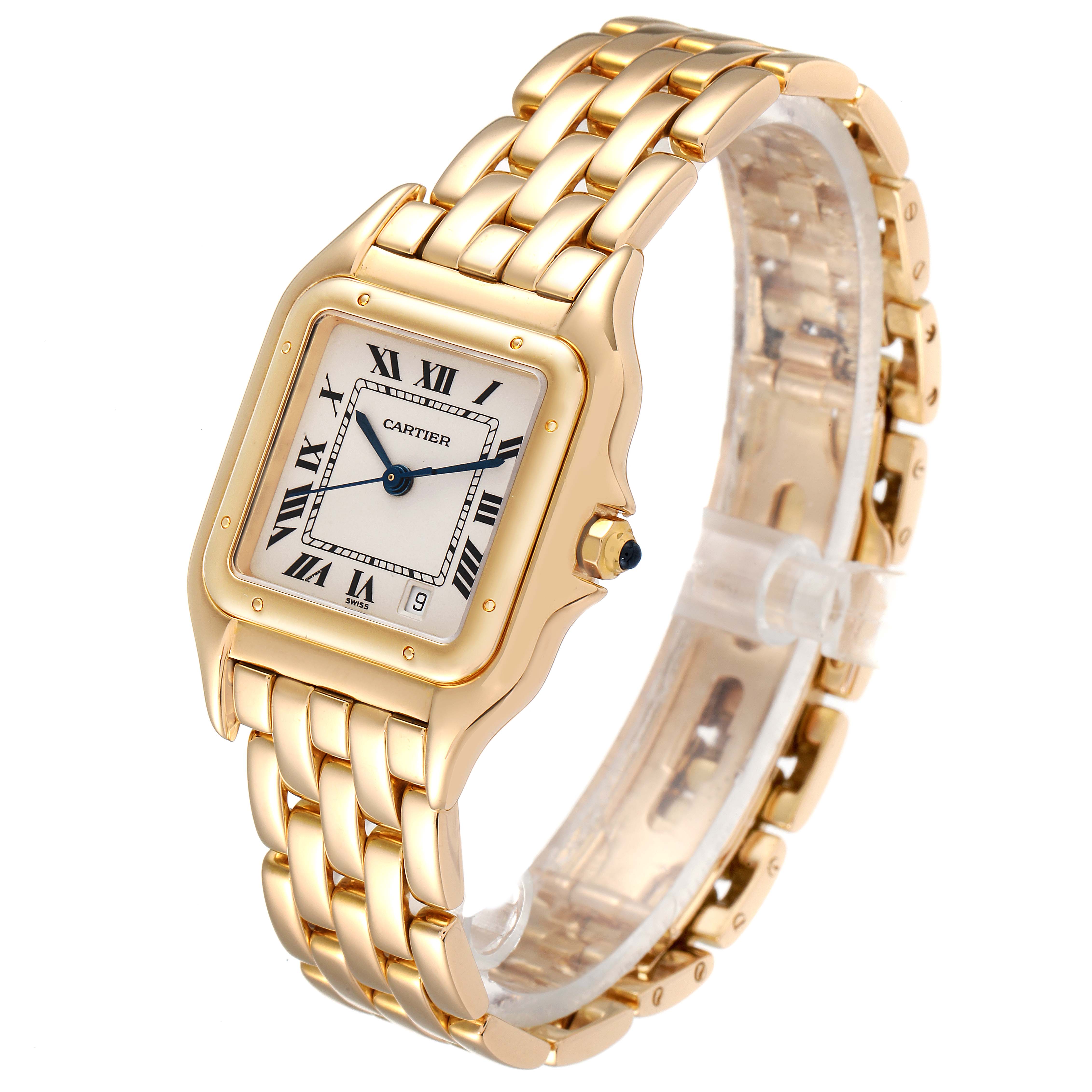The image shows a Cartier Panthere W2501489 Men's Yellow Gold Silver Dial W2501489 Men's Yellow Gold Silver Dial watch at a three-quarter angle, highlighting the dial, crown, and bracelet.