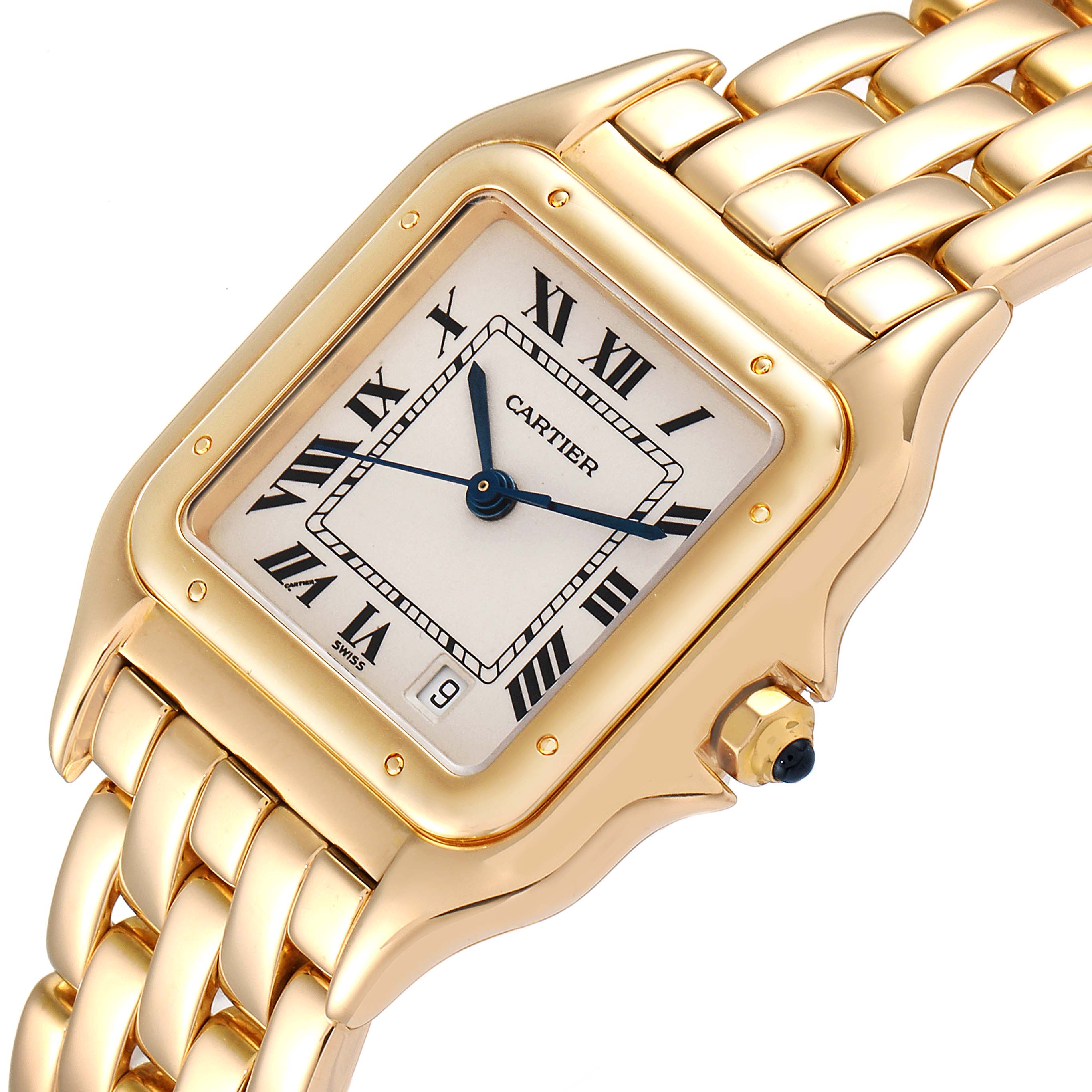 The image shows a close-up angle of a Cartier Panthere W2501489 Men's Yellow Gold Silver Dial W2501489 Men's Yellow Gold Silver Dial watch, highlighting its gold bracelet, dial, and crown.
