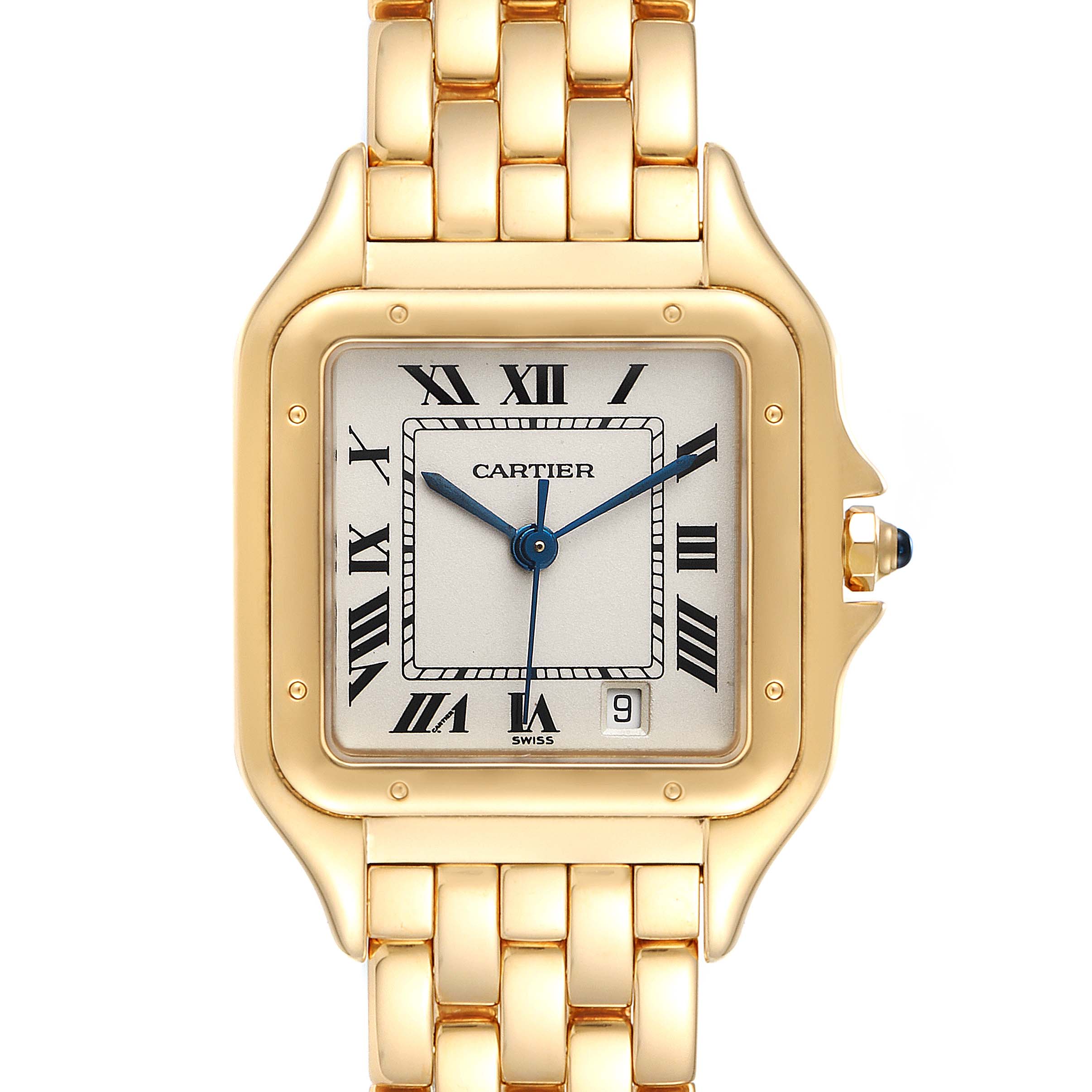 This image shows a front view of a Cartier Panthere W2501489 Men's Yellow Gold Silver Dial W2501489 Men's Yellow Gold Silver Dial watch, highlighting its gold case, Roman numeral dial, and bracelet.