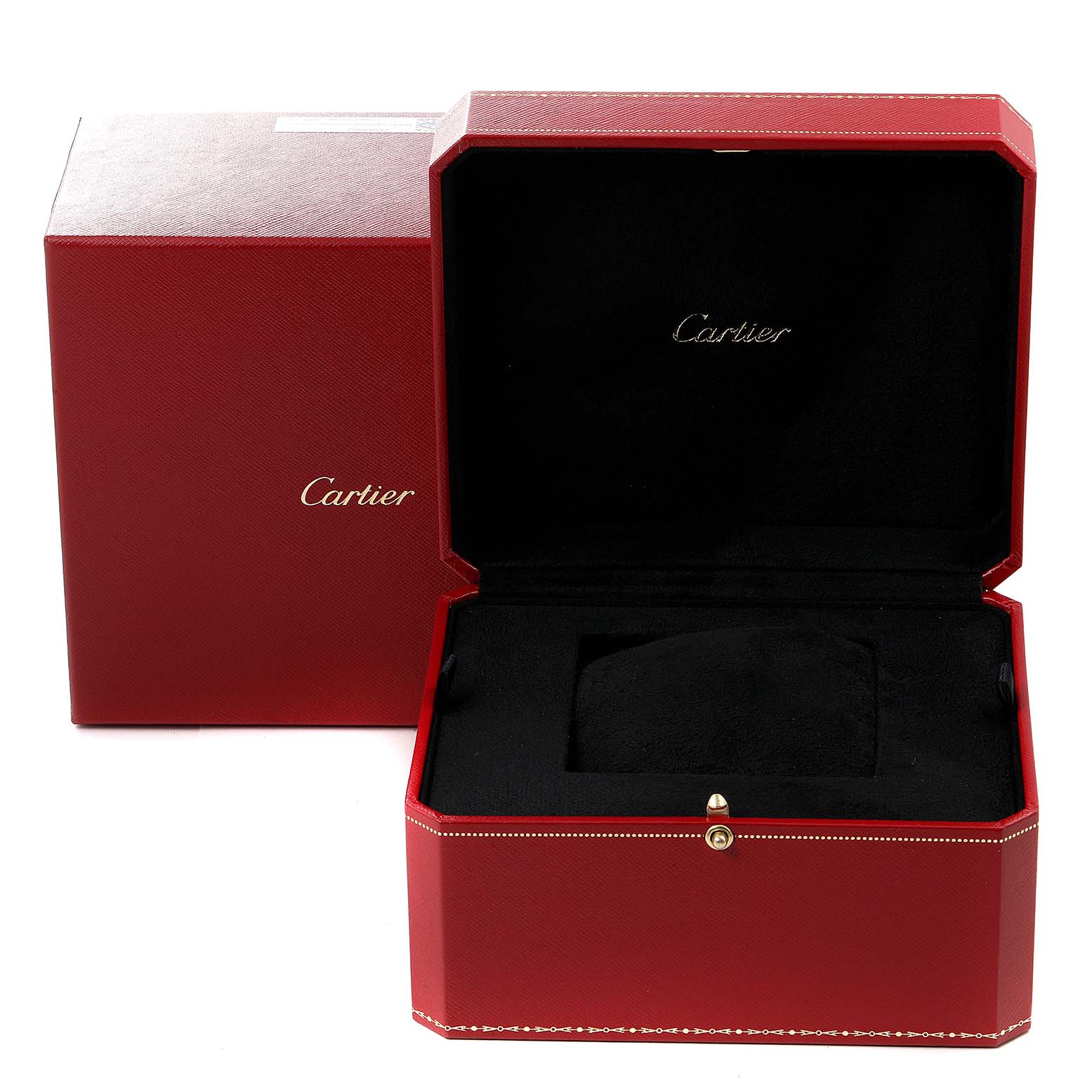The image shows an open Cartier Panthere W2501489 Men's Yellow Gold Silver Dial W2501489 Men's Yellow Gold Silver Dial watch box with a red exterior and black interior.