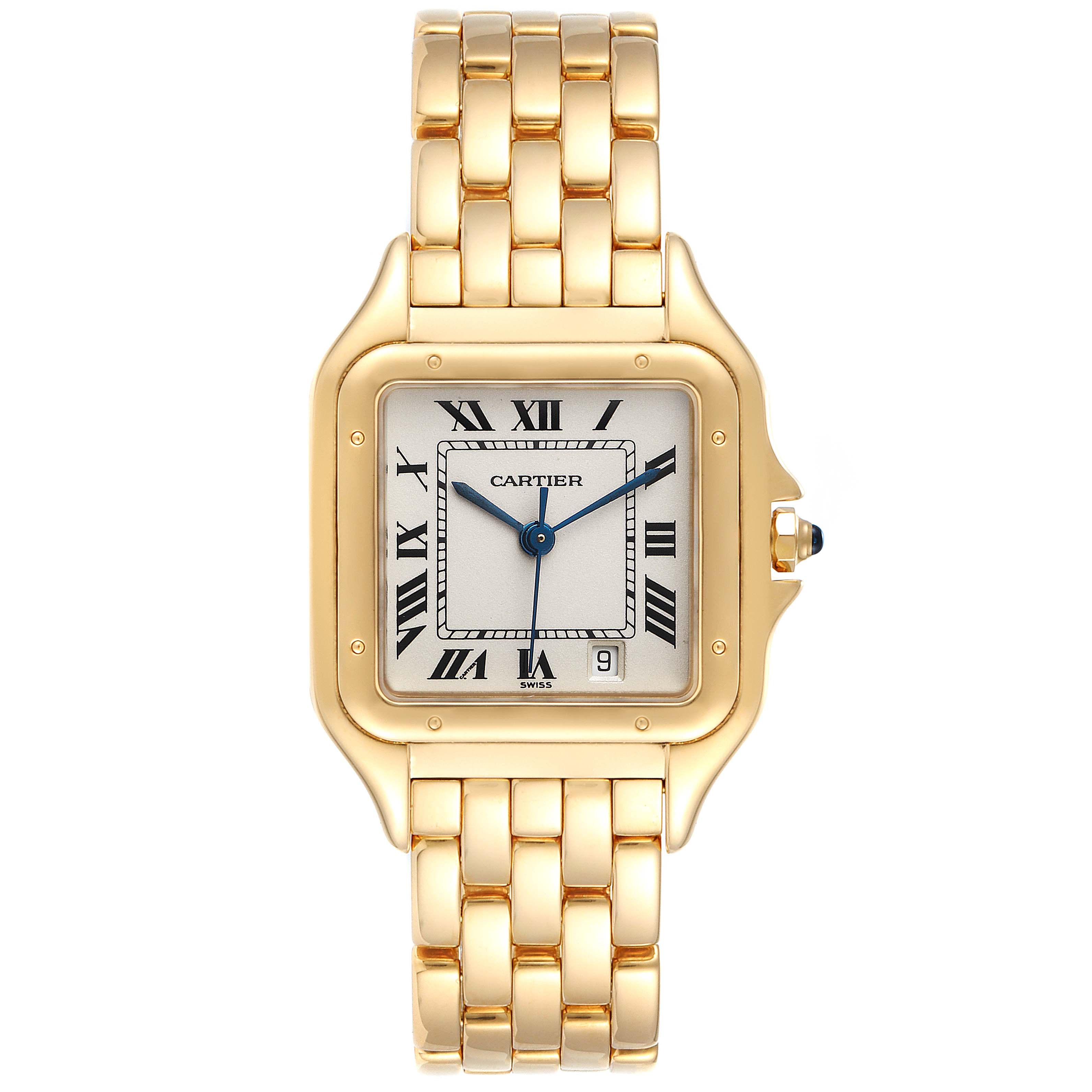 The image shows a frontal view of the Cartier Panthere W2501489 Men's Yellow Gold Silver Dial W2501489 Men's Yellow Gold Silver Dial model watch, highlighting its square face, Roman numerals, and gold bracelet.