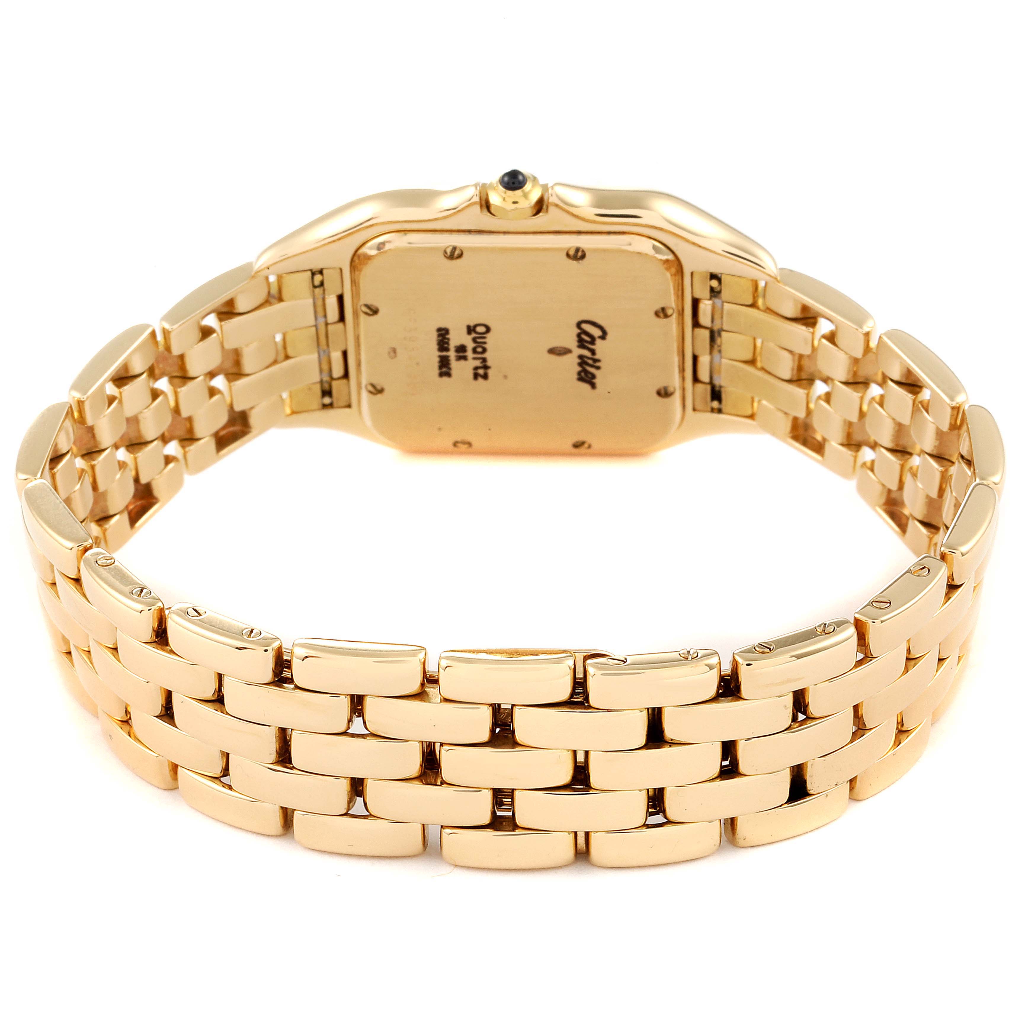 The image shows the back of the Panthere by Cartier watch and its gold bracelet.