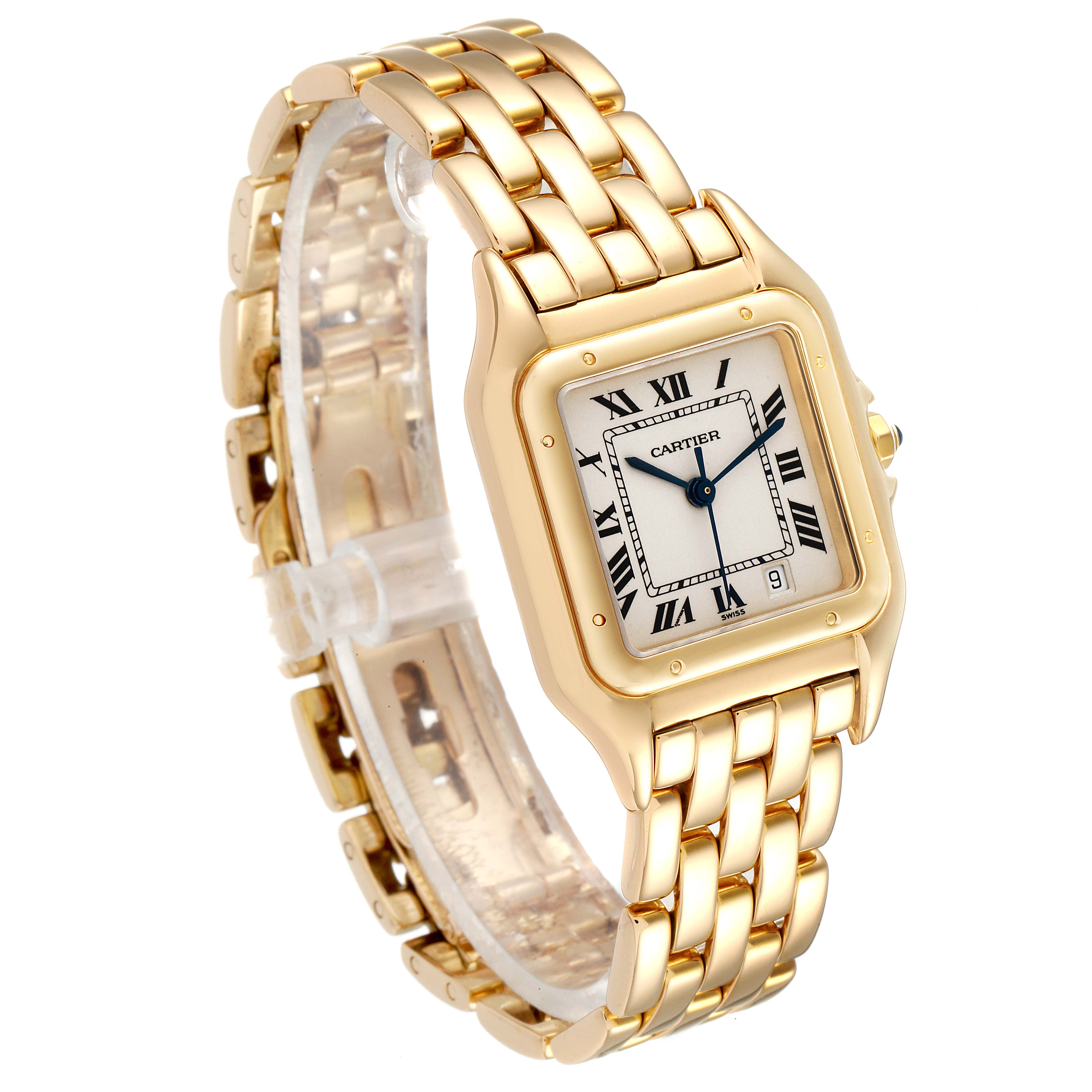 The image shows a Cartier Panthere W2501489 Men's Yellow Gold Silver Dial W2501489 Men's Yellow Gold Silver Dial watch at a three-quarter angle, highlighting the bracelet, dial, and case.