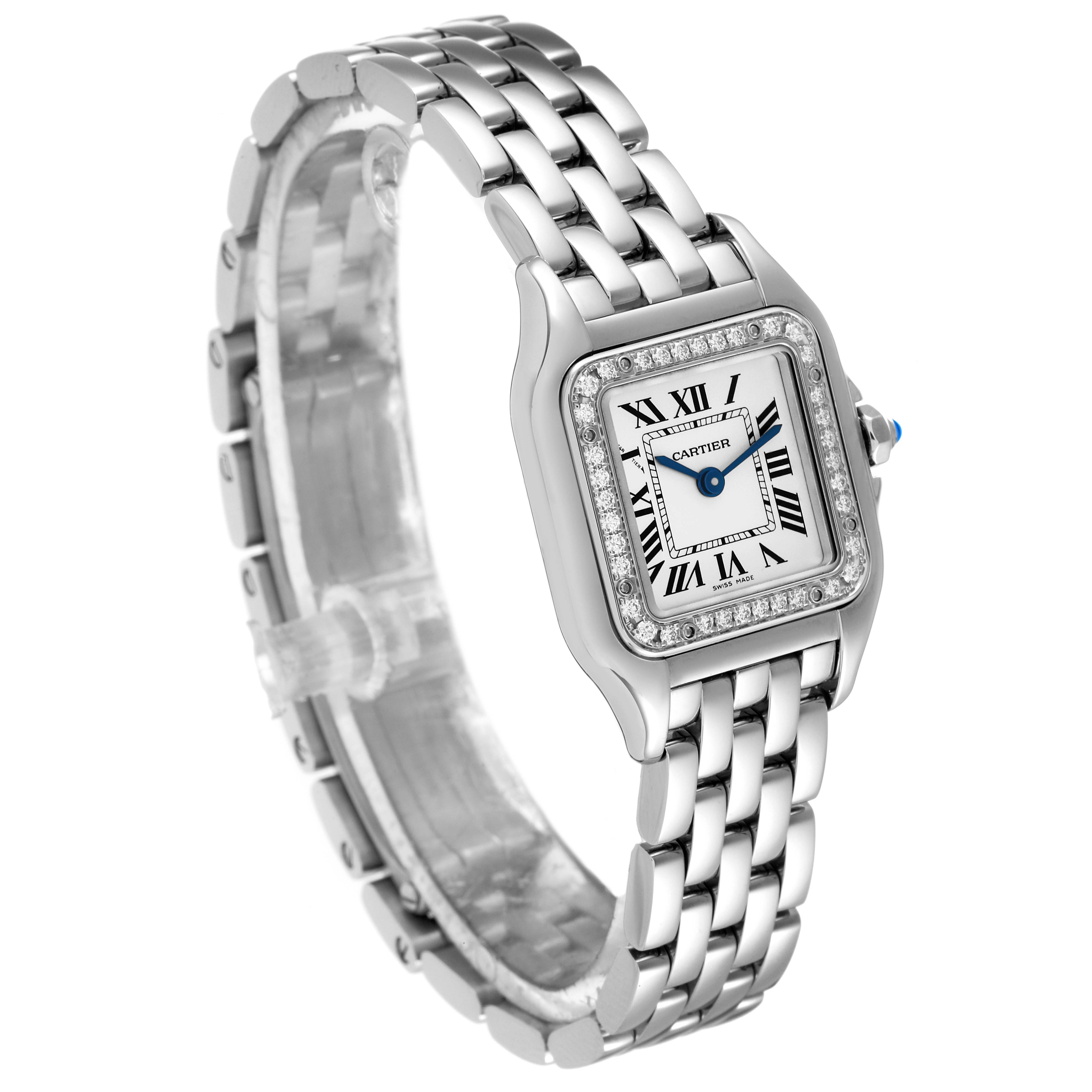 The image shows the Panthere model by Cartier at a three-quarter angle, highlighting the watch face, bezel, and bracelet.