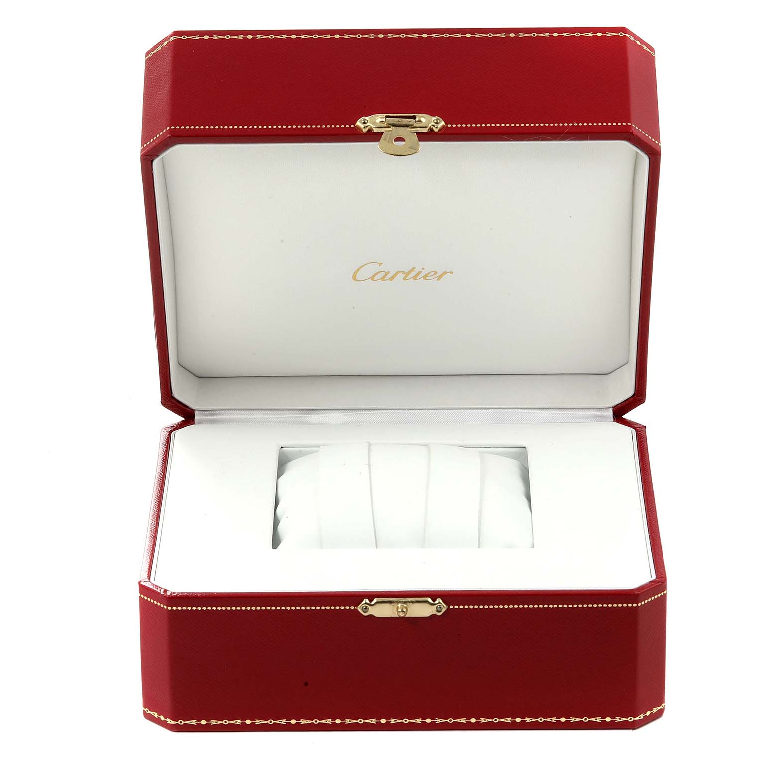 The image shows an open red Cartier watch box, likely for the Panthere model, with a white interior and cushion.