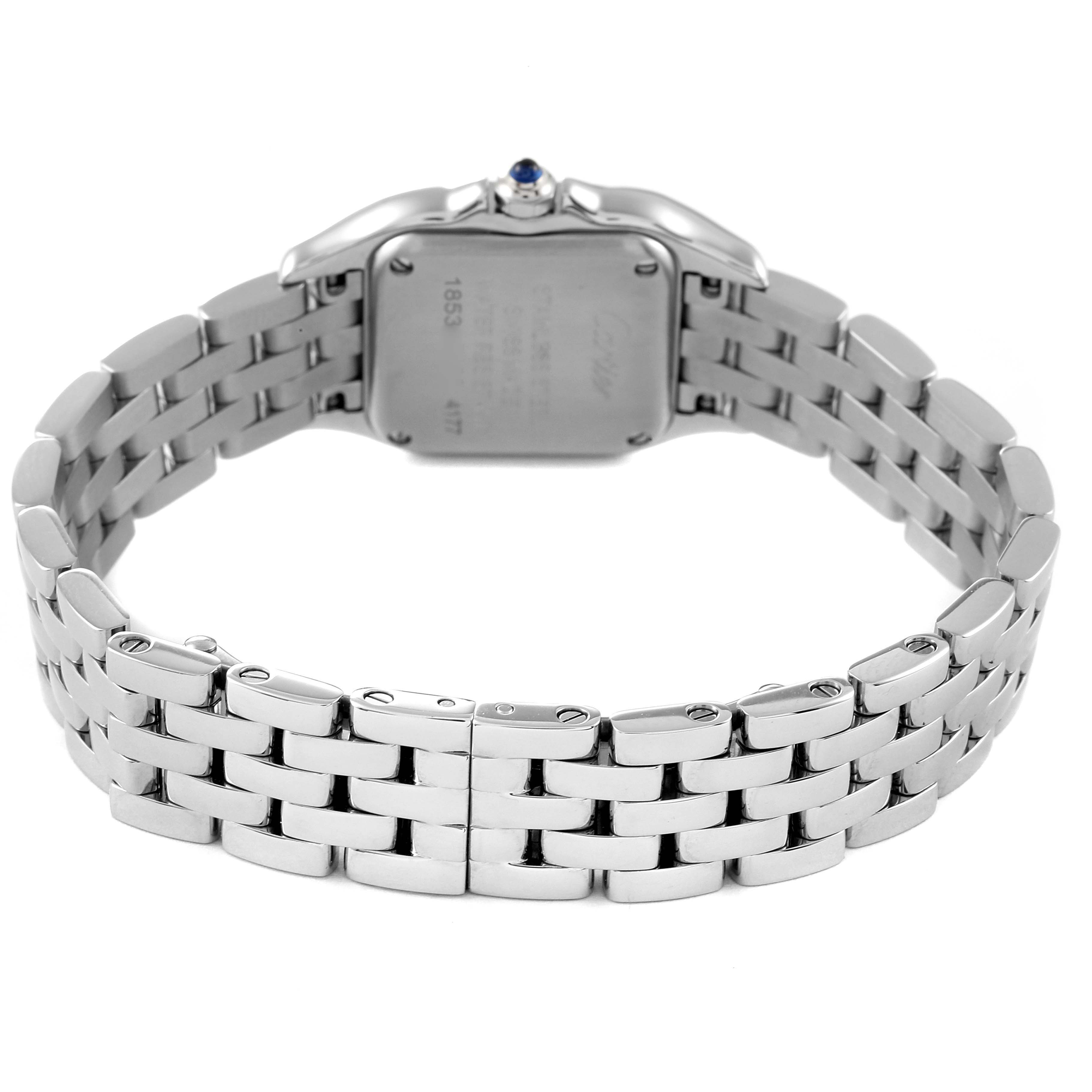 The image shows the back view of a Cartier Panthere W4PN0007 Women's Stainless Steel Silver Dial W4PN0007 Women's Stainless Steel Silver Dial watch with a focus on the metal bracelet and case back.