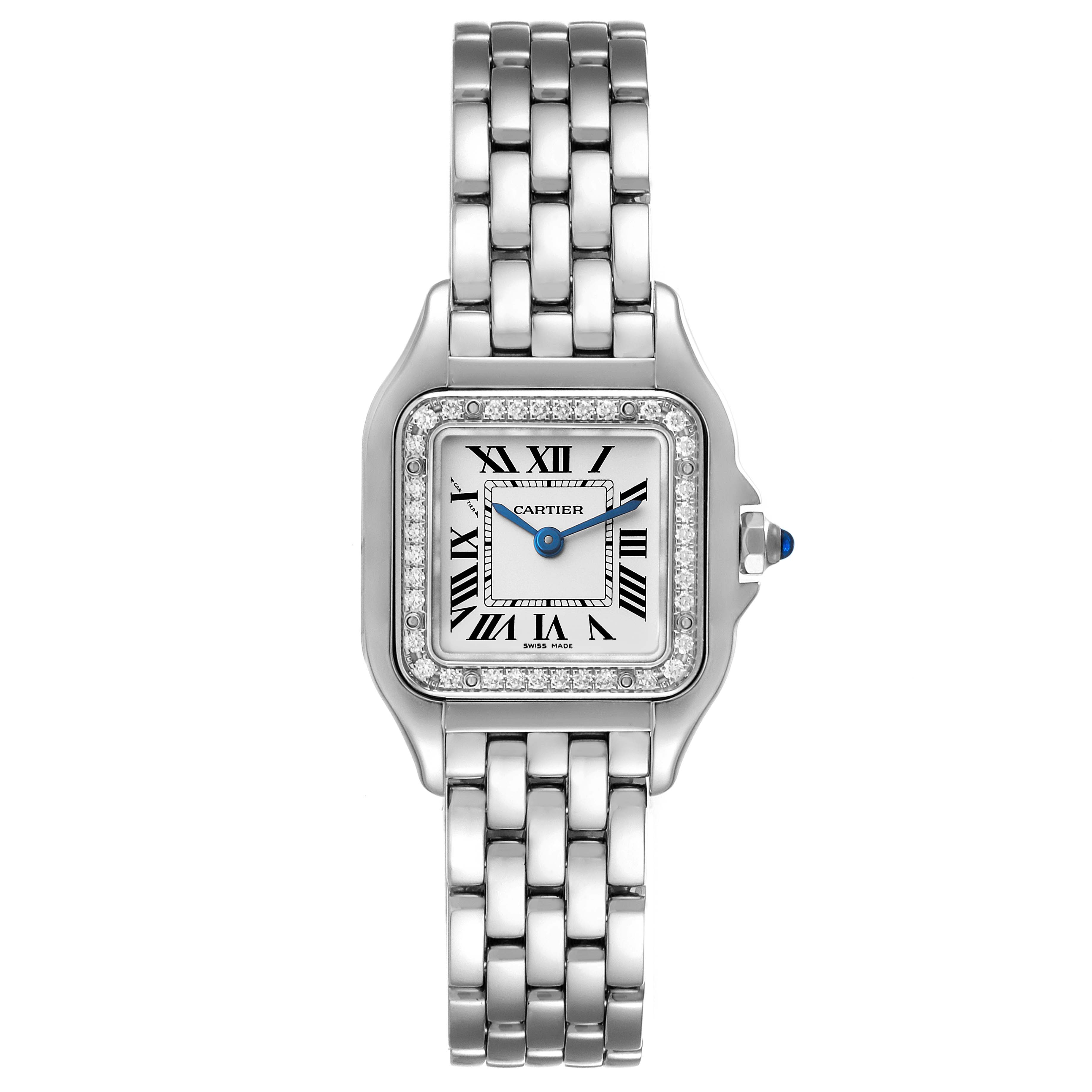 The image shows a front view of the Cartier Panthere W4PN0007 Women's Stainless Steel Silver Dial W4PN0007 Women's Stainless Steel Silver Dial watch, highlighting the face, bezel, and metal bracelet.